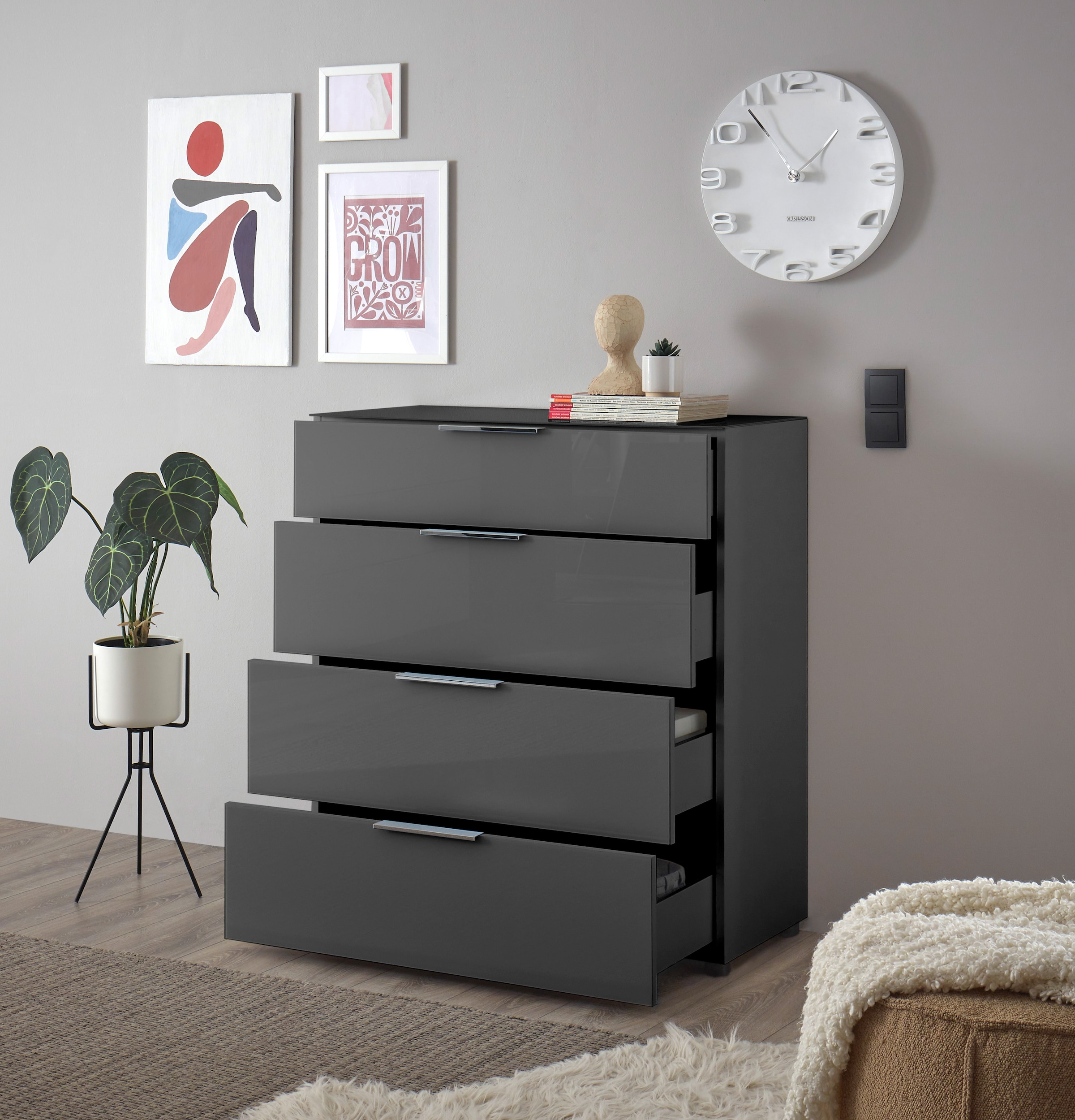 HBZ Kommode »Santorin Mehrzweckschrank mit Schubkästen, BxHxT 90x99x40 cm«, (1 St.), Mit 4 Schubkästen mit Softclose, Glasfront und Glasoberboden