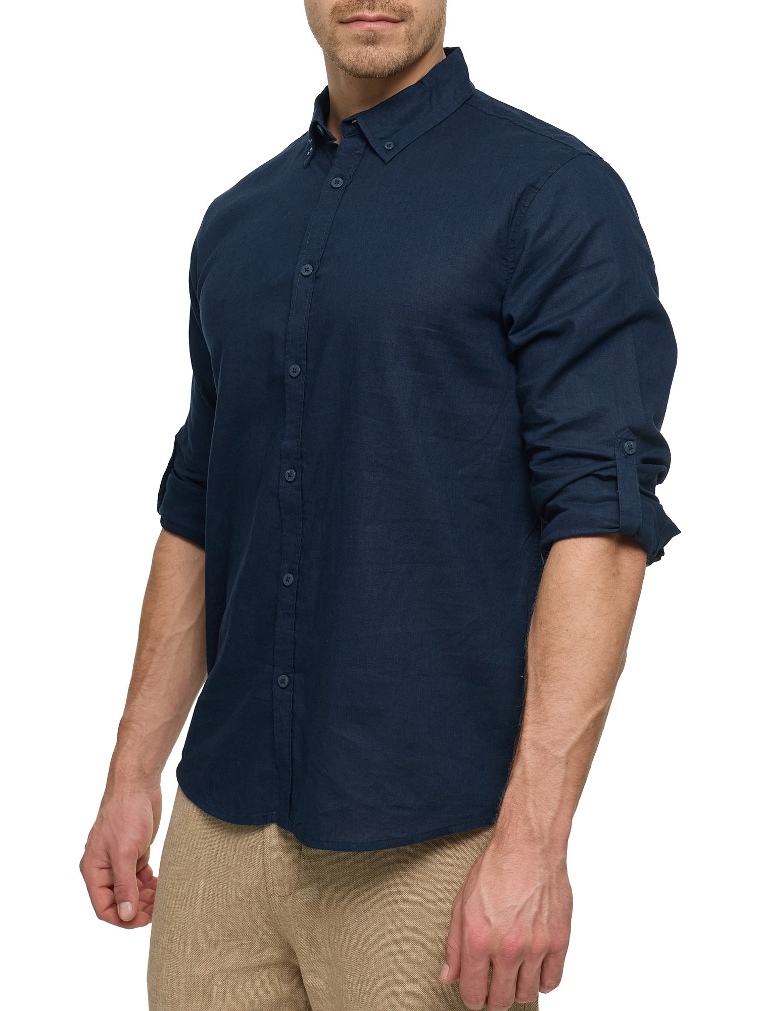 Langarmhemd INDICODE "INBrayden", Herren, Gr. XL, N-Gr, blau (navy), Web, Obermaterial: 55% Leinen, 45% Baumwolle, unifarben, regular fit normal, Hemden 3