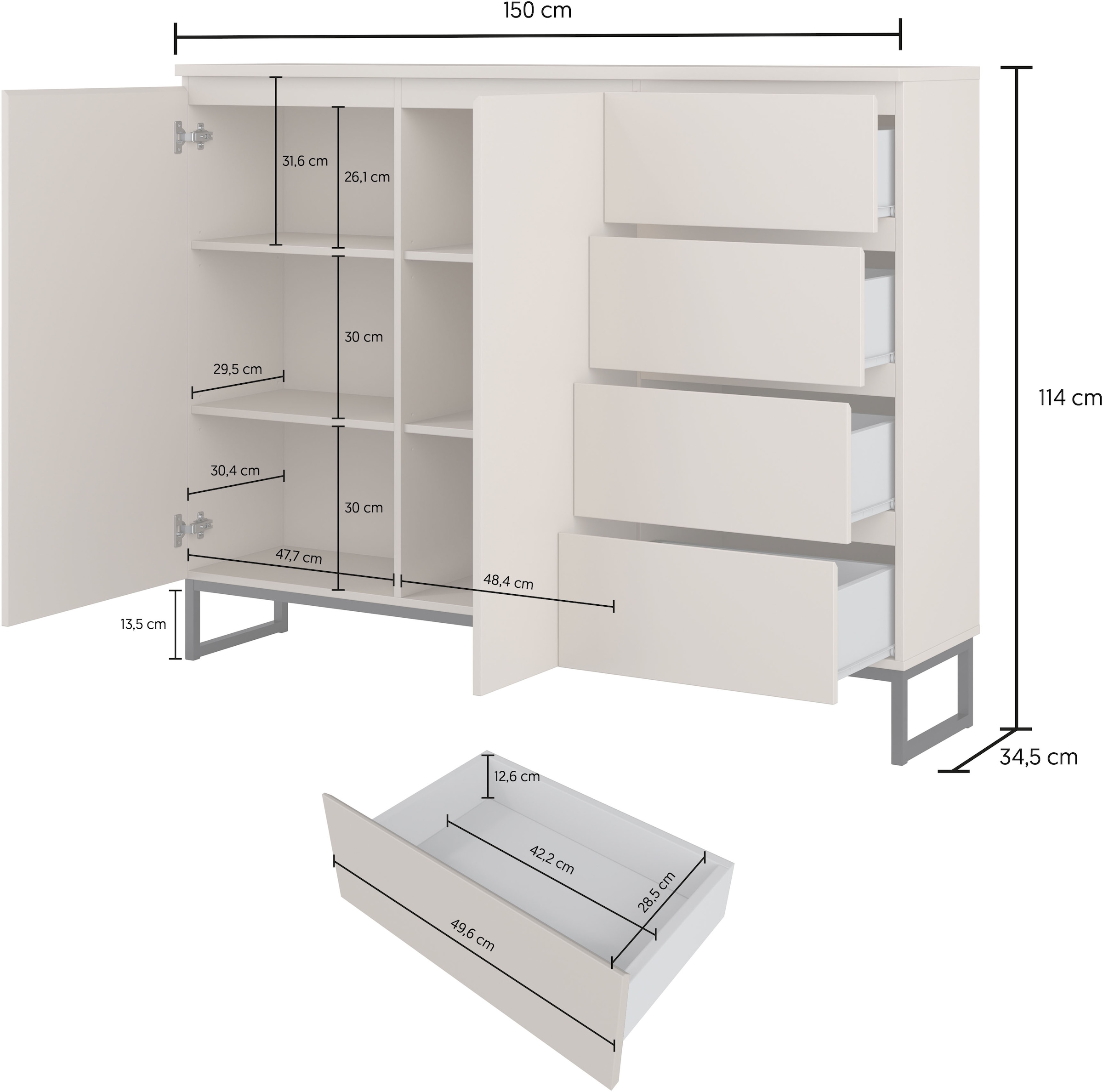 OTTO home Sideboard »Modo II, Breite 150 cm, moderne grifflose Kommode 2Türen/4 SK« Schubladenschrank viel Stauraum, Einlegeböden verstellbar, Metallkufen