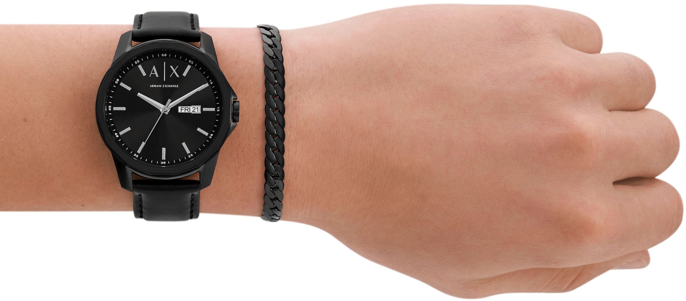 ARMANI EXCHANGE Quarzuhr, (Set, 2 tlg., mit Schmuckarmband), Armbanduhr, Herrenuhr, ideal auch als Geschenk, Datum, Lederarmband
