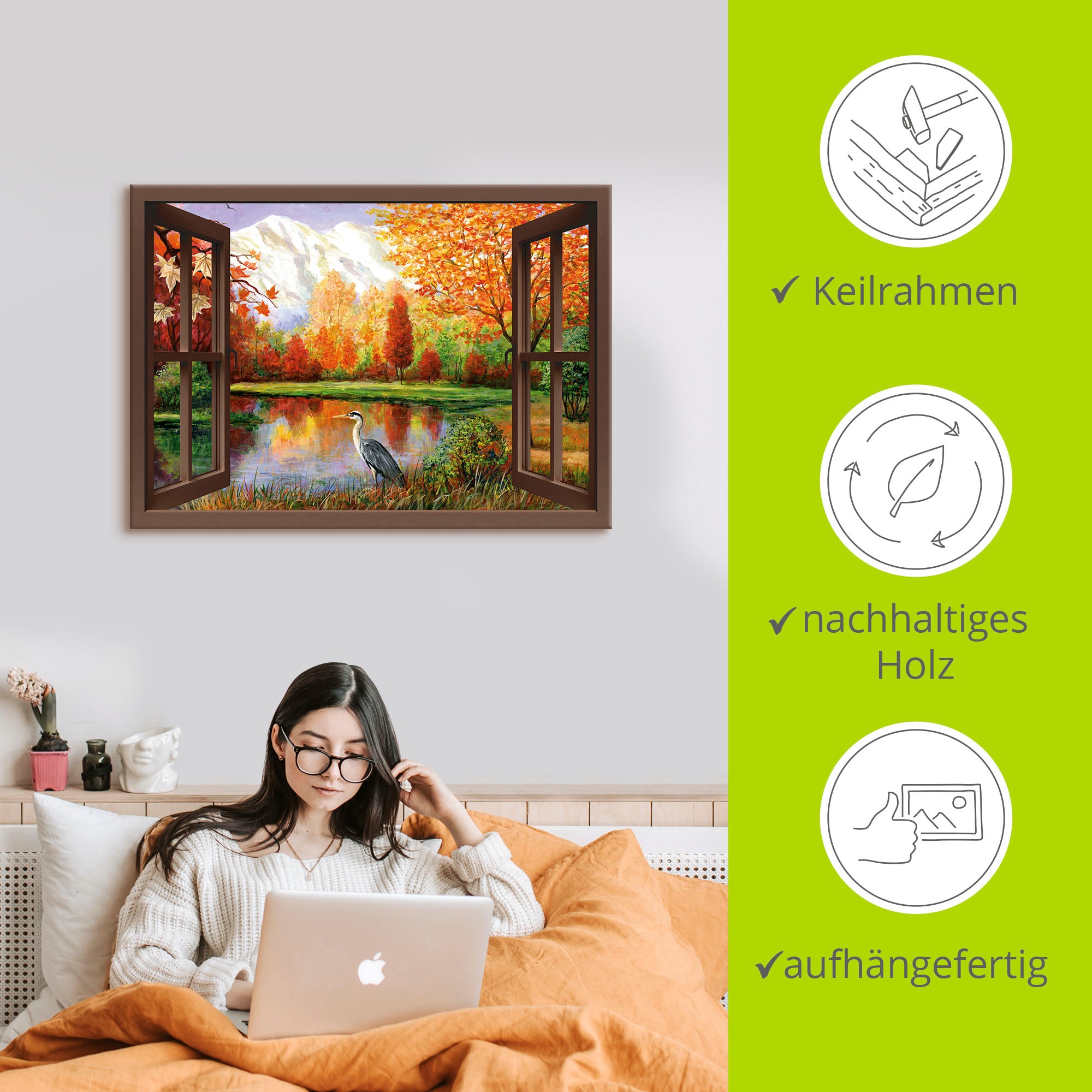 Artland Wandbild »Herbst am See Ausblick«, Fensterblick, (1 St.), als Leinwandbild, Poster in verschied. Größen