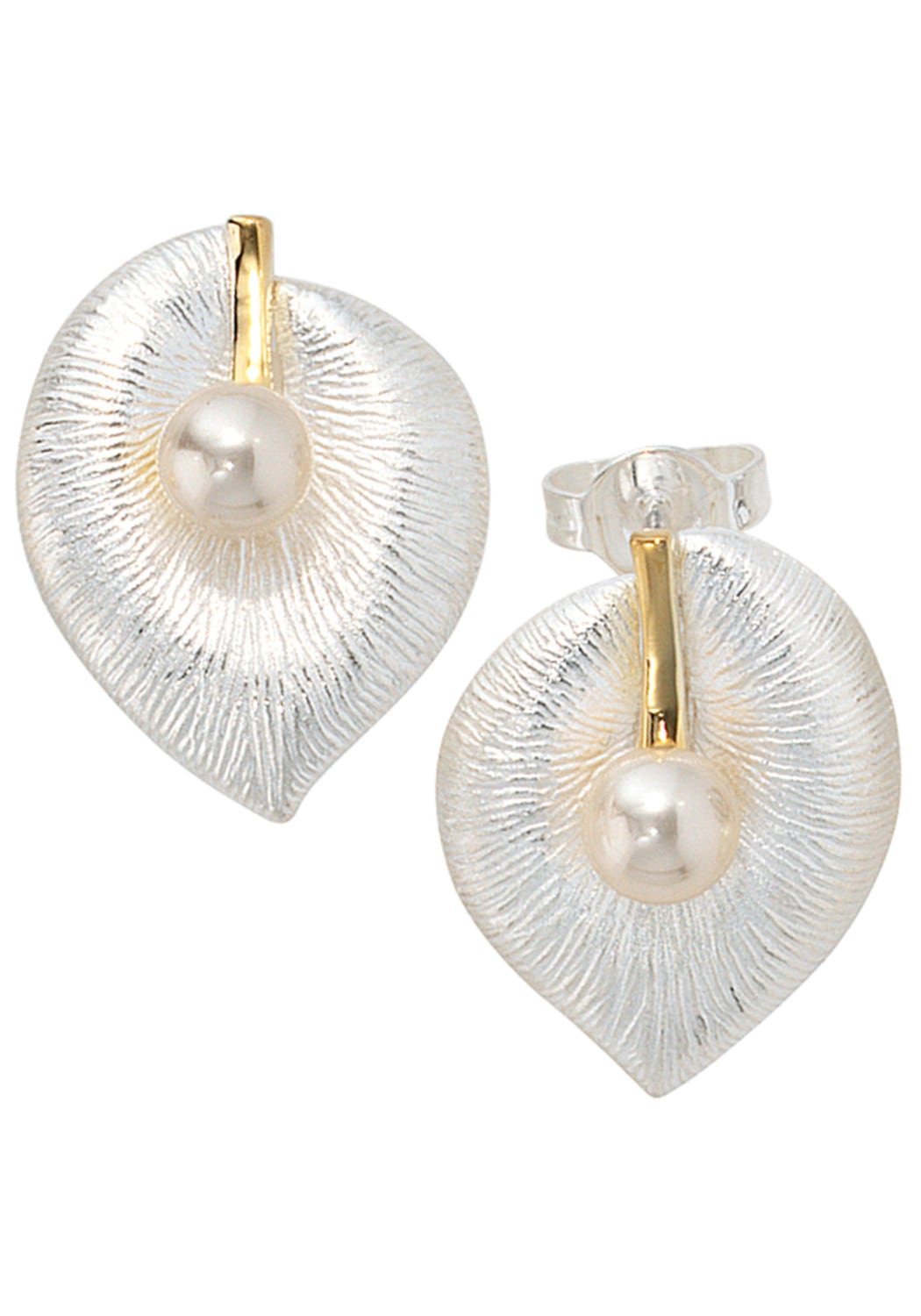Perlenohrringe »Blatt«, 925 Silber bicolor vergoldet 2 Süßwasser Perlen