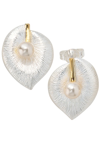 Perlenohrringe »Blatt«, 925 Silber bicolor vergoldet 2 Süßwasser Perlen