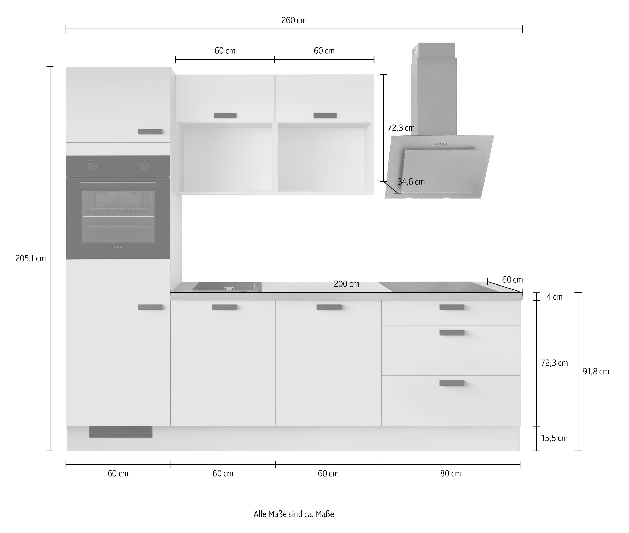 IMPULS KÜCHEN Küchenzeile »"Breslau", Ausrichtung wählbar, Schubkästen mit Soft-Close« vormontiert, wahlweise mit E-Geräten, Breite 260cm