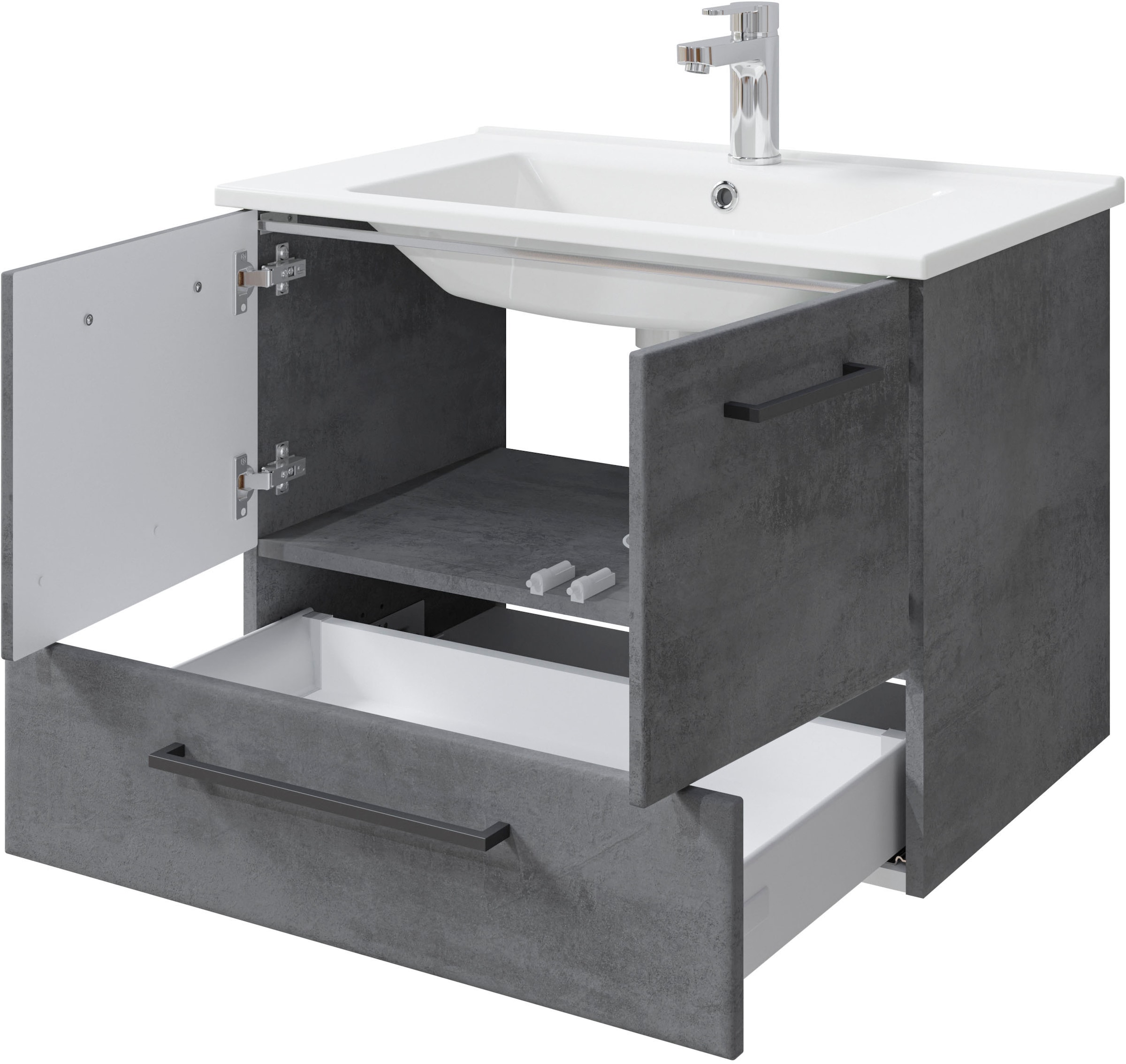 Saphir Badmöbel-Set »Quickset 945 3-teilig, Keramik-Waschtisch mit LED-Spiegelschrank«, (4 St.), Midischrank, 7 Türen, 3 Schubladen, 8 Einlegeböden, inkl. Türdämpfer