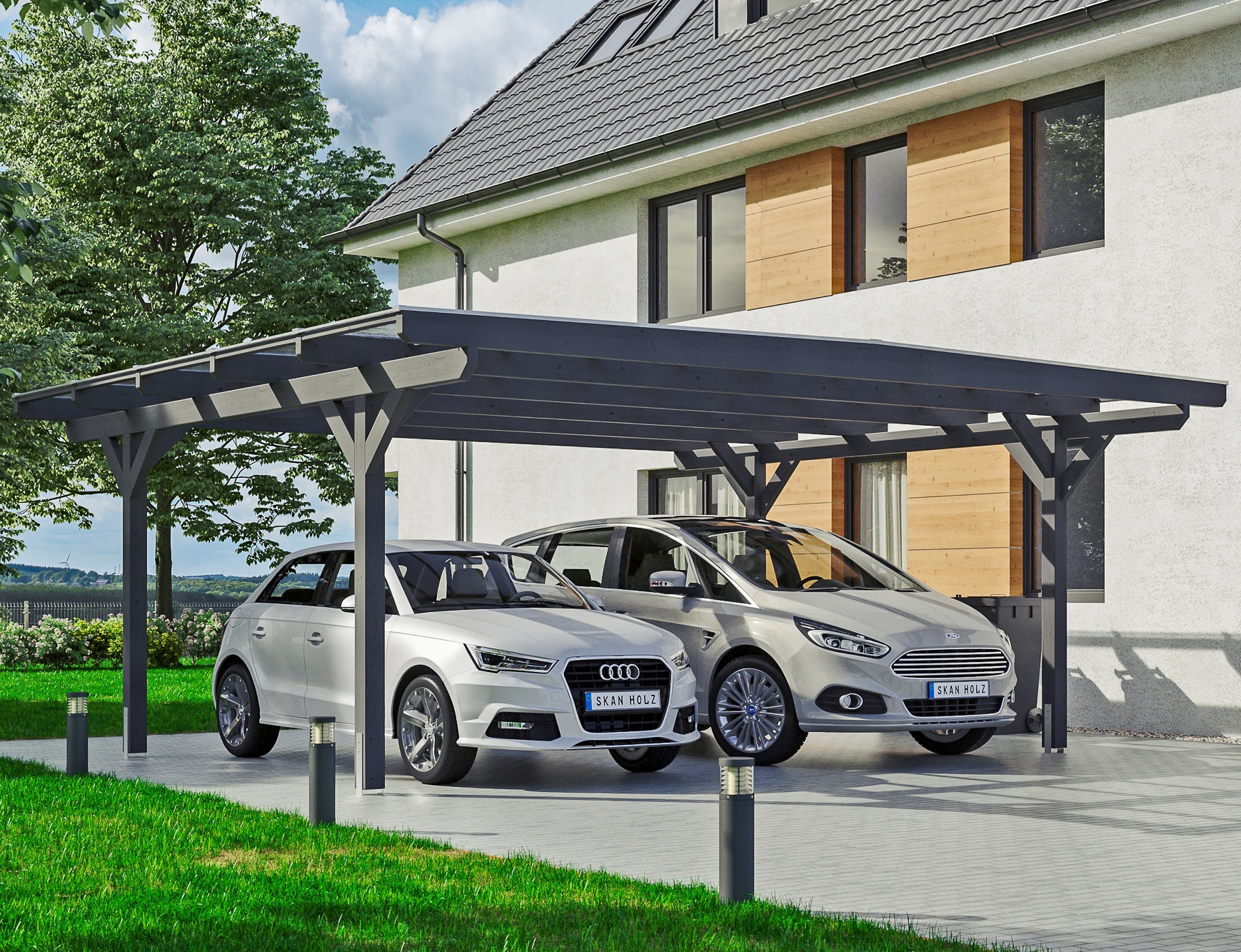 Skanholz Doppelcarport "Odenwald" Leimholz 546 cm dunkelgrau