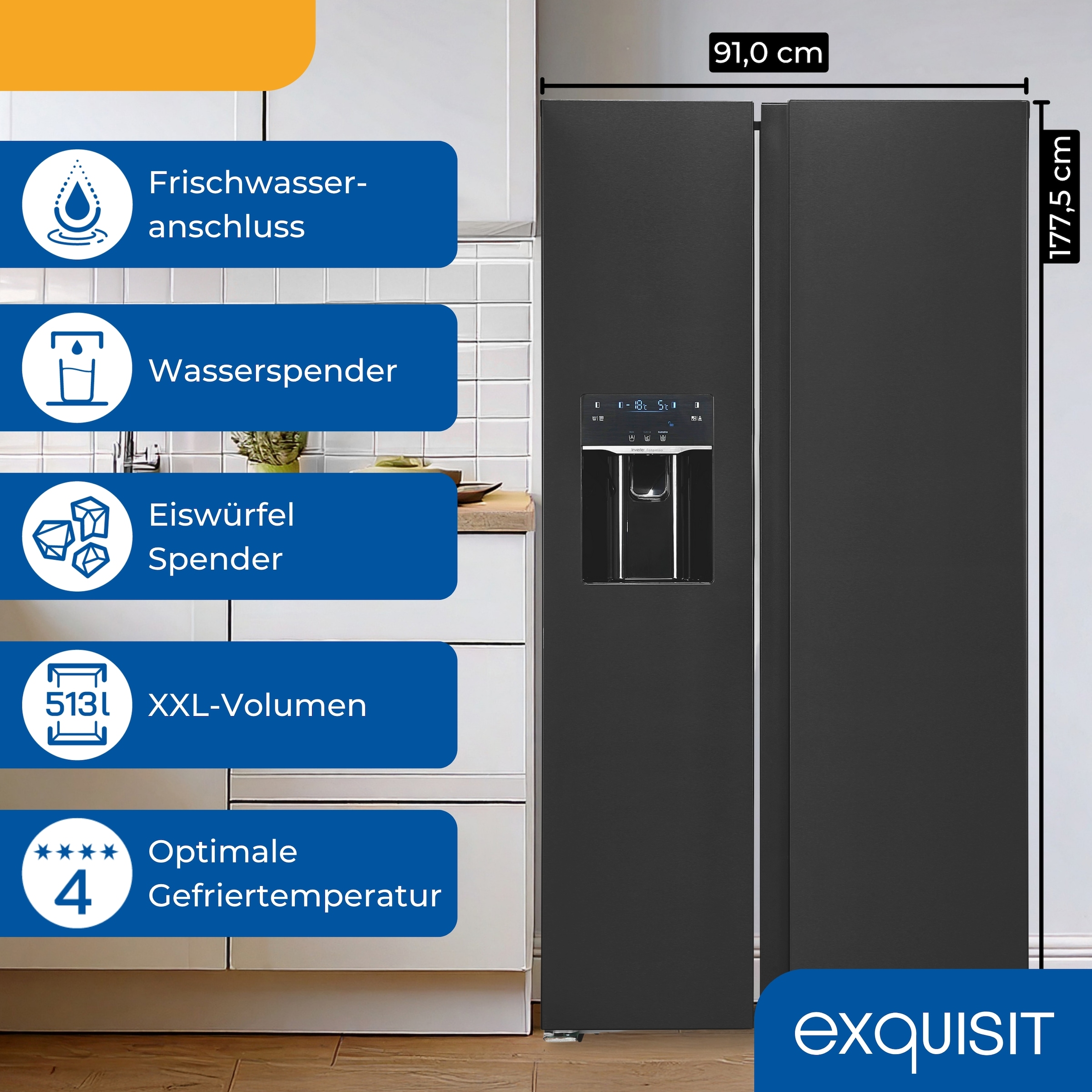 exquisit Side-by-Side SBS520-CF-040E inoxlook-az »SBS520-CF-040E inoxlook-az« 177,5 cm hoch 91 cm breit