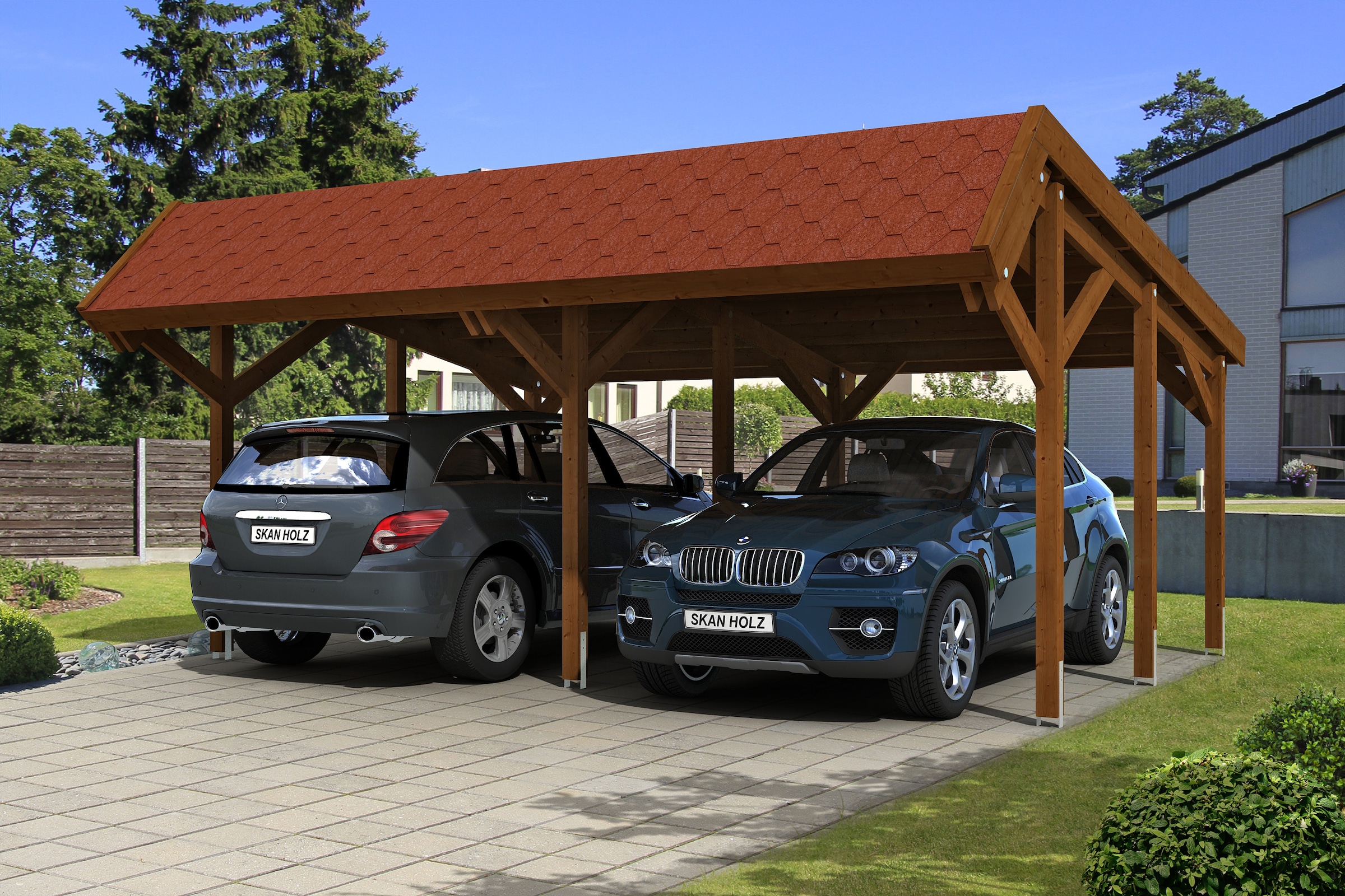 Skanholz Doppelcarport »Harz«, Nadelholz, 291 cm, Nussbaum, mit roten Schindeln