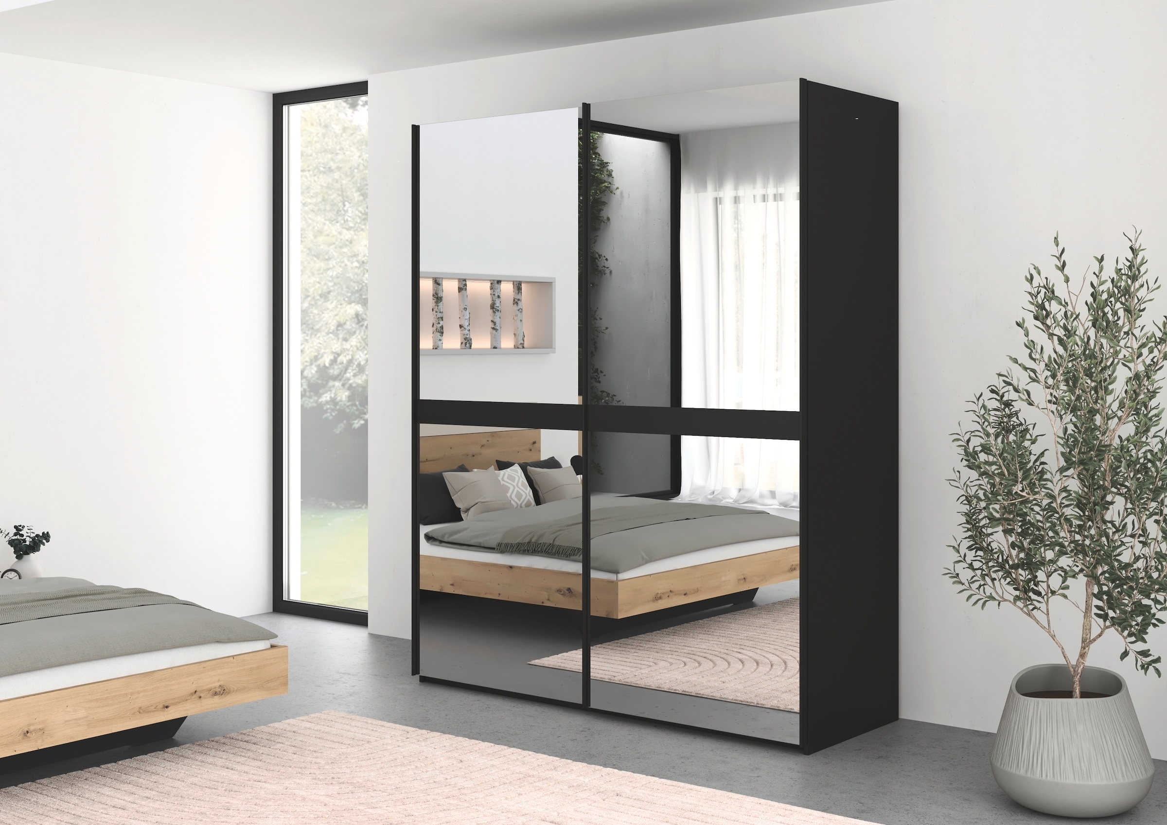 rauch Schwebetürenschrank »Kleiderschrank Schrank Garderobe Schlafzimmerschrank SCALE-LINE«, edle Optik mit Bauchbinde in Korpusfarbe Spiegelfront MADE IN GERMANY