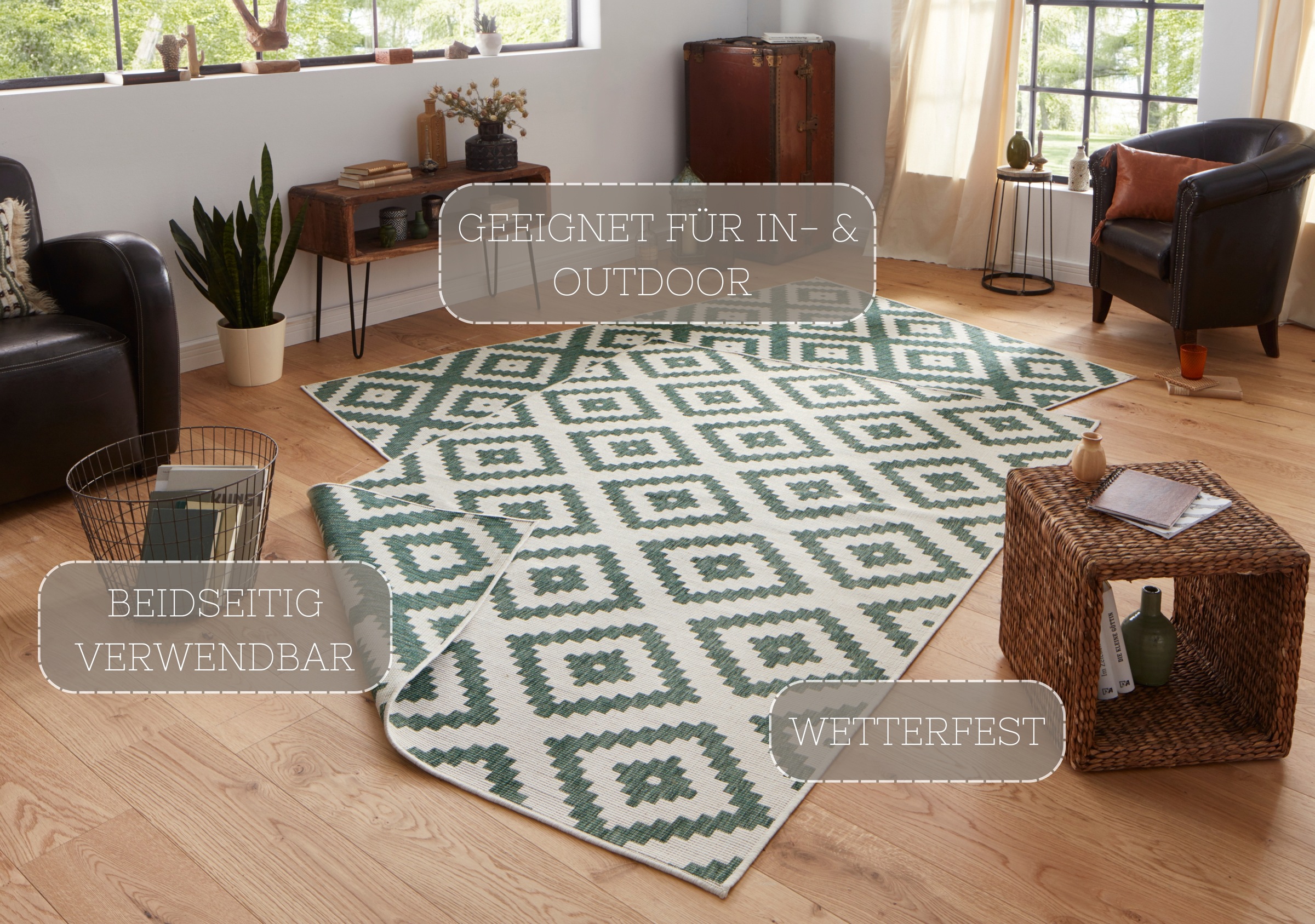 Teppich HANSE HOME "Malta Wendeteppich" Gr. 4, grün (grün, creme), B:160cm H:5mm L:230cm, Kunstfaser, Teppiche, Teppich, In-& Outdoor, Wetterfest, Balkon, Terrasse, Raute, Läufer, Wohnzimmer 3
