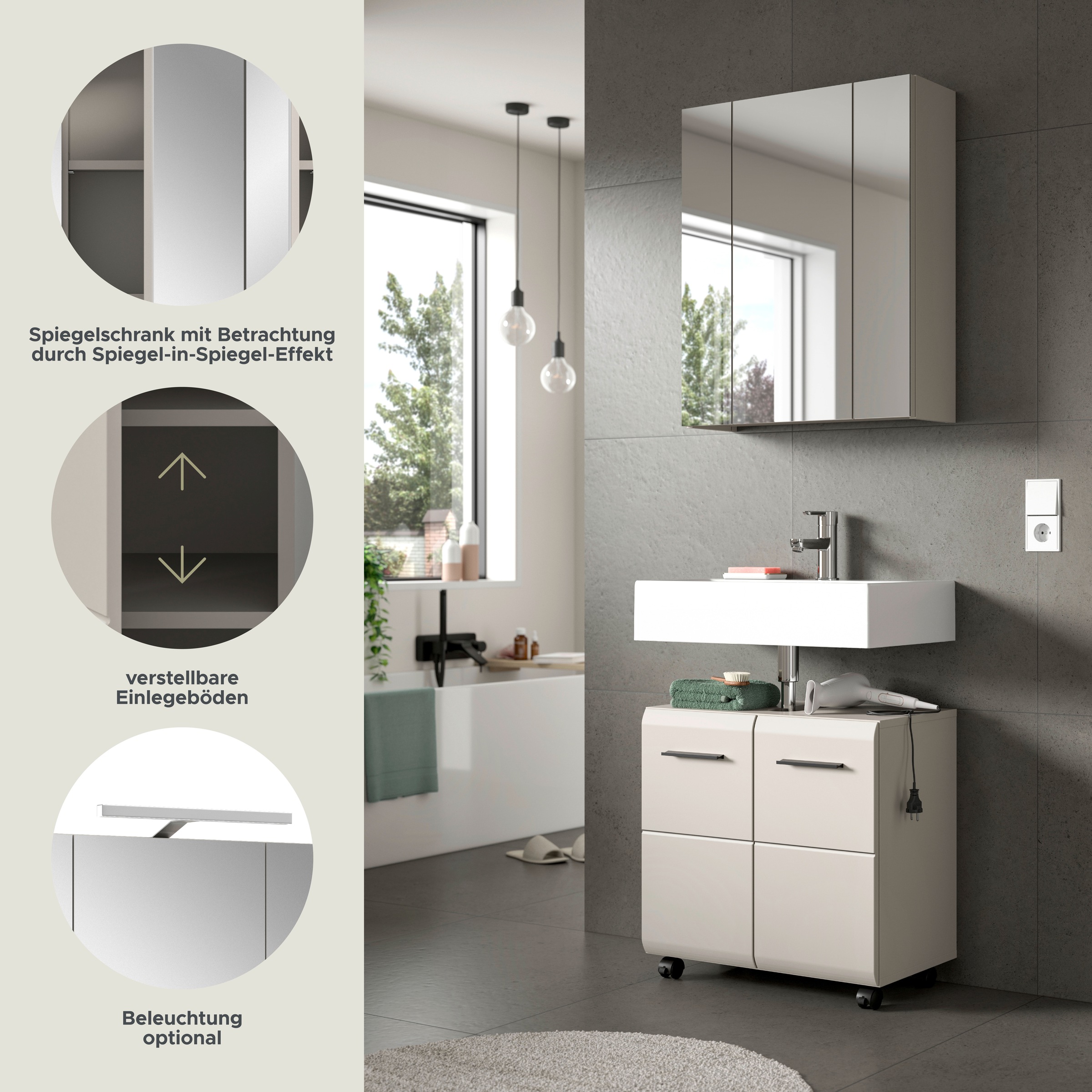 INOSIGN Badmöbel-Set »FLORENZ, 2-tlg. Bad-Kombination, hochwertige MDF-Front« best. aus: 1 Spiegelschrank, 1 Waschbeckenunterschrank, 3 Stk. tlg.