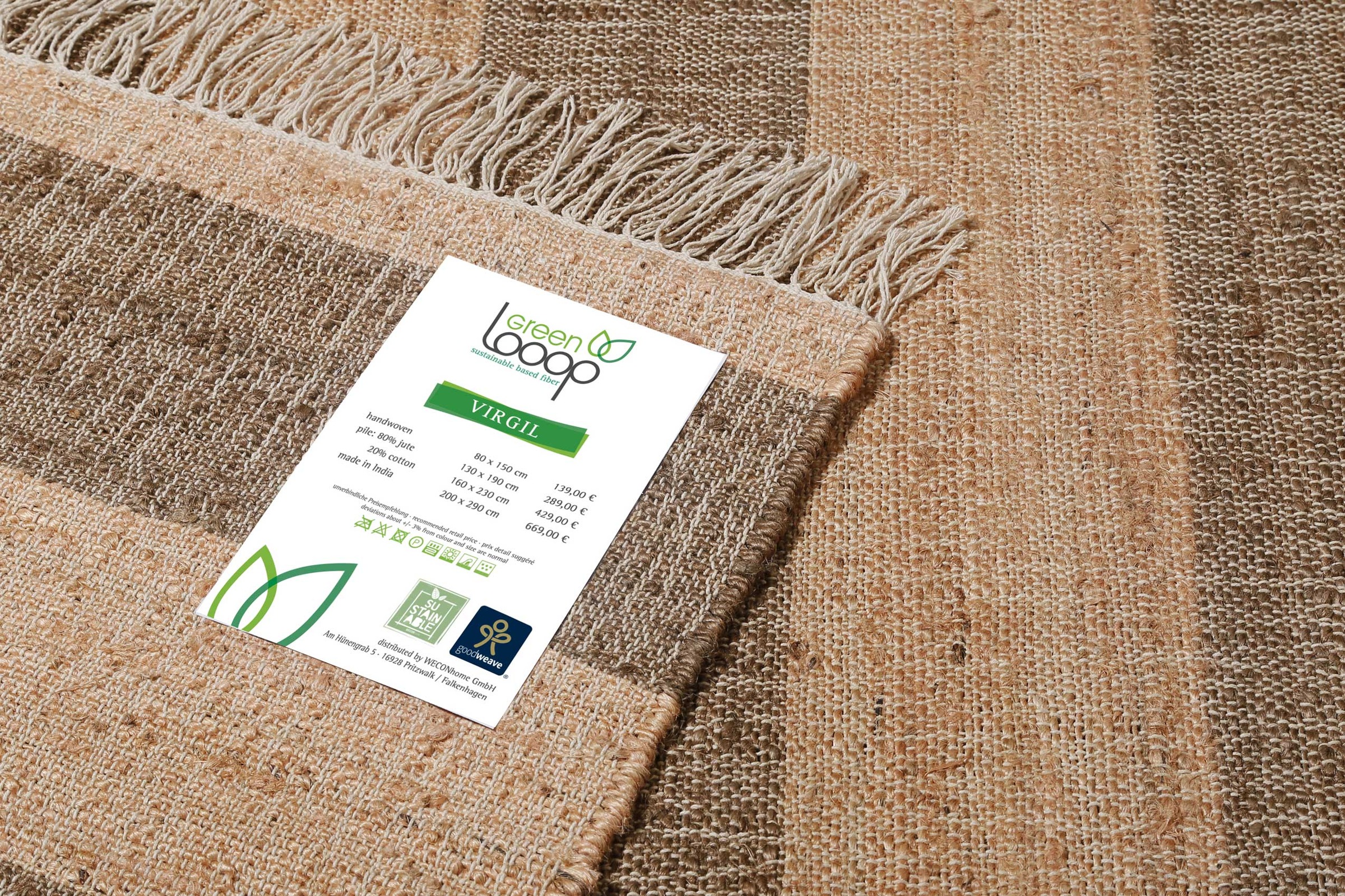 Green Looop Teppich »Virgil«, rechteckig, 4 mm Höhe, Jute handgewebt, Natur, Wohnzimmer, Schlafzimmer, modern, gestreift