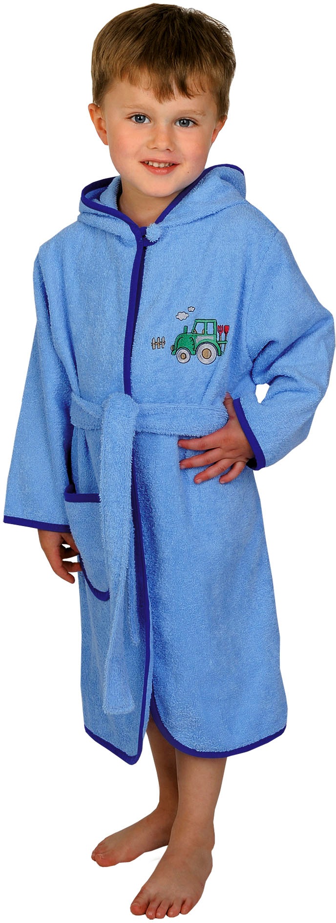Kinderbademantel WÖRNER, L:55cm, blau, Baumwolle, Hausmäntel, "Traktor hellblau", mit Stickerei, mit Tasche, maschinenwaschbar, trocknergeeignet