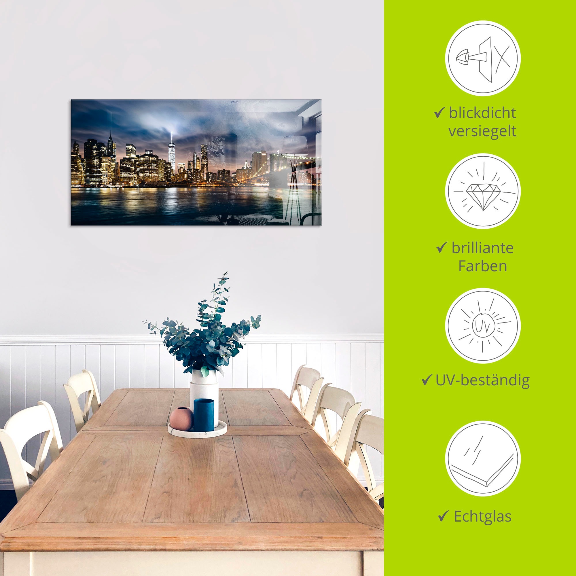 Glasbild ARTLAND "Sonnenaufgang über Manhattan", blau (farbe bild(er): blau), B:125cm H:50cm, Bilder, in verschiedenen Größen 3