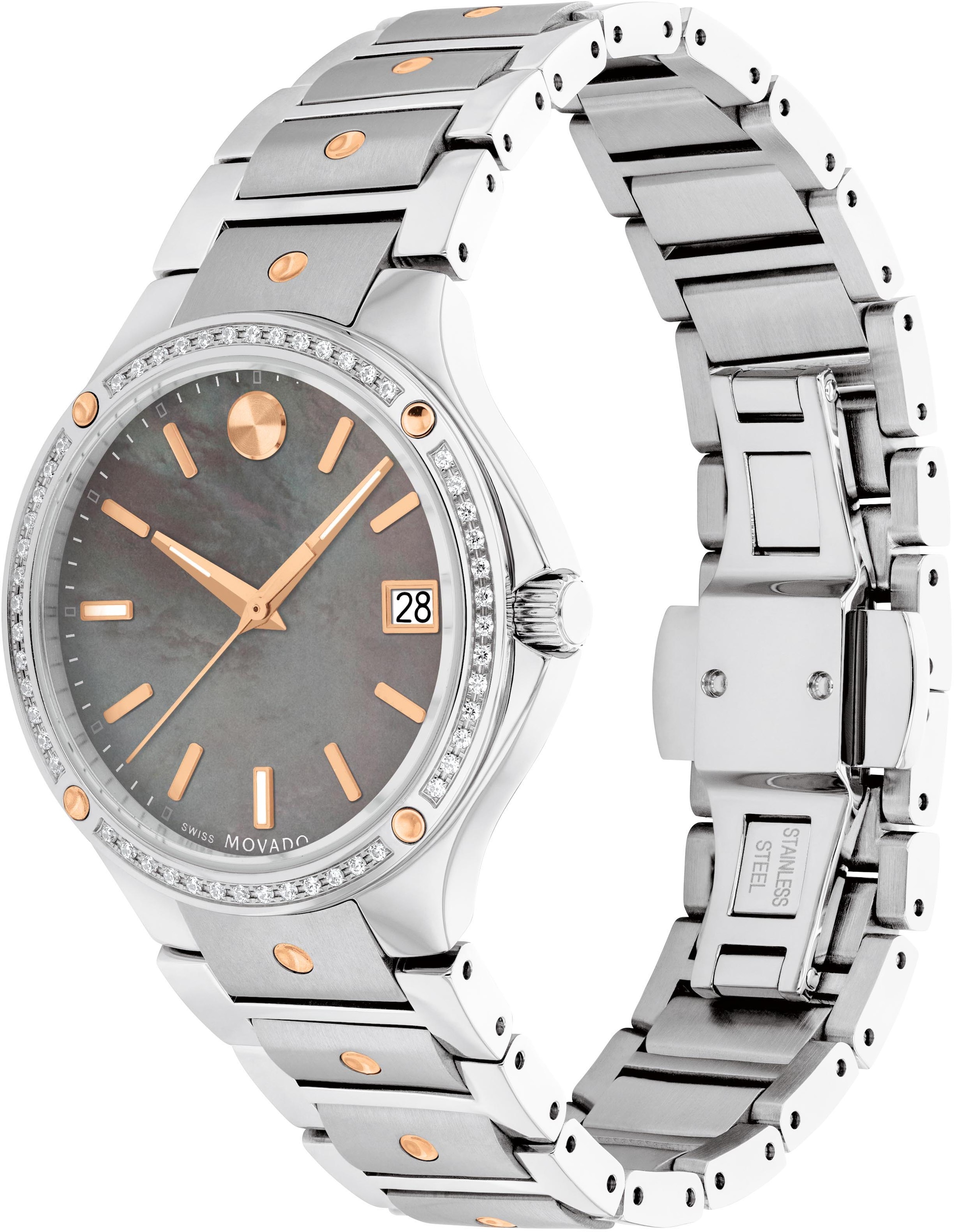 MOVADO Schweizer Uhr »SE Quarz, 0607706«, Quarzuhr, Armbanduhr, Damenuhr, Swiss Made, mit Diamanten, Perlmutt