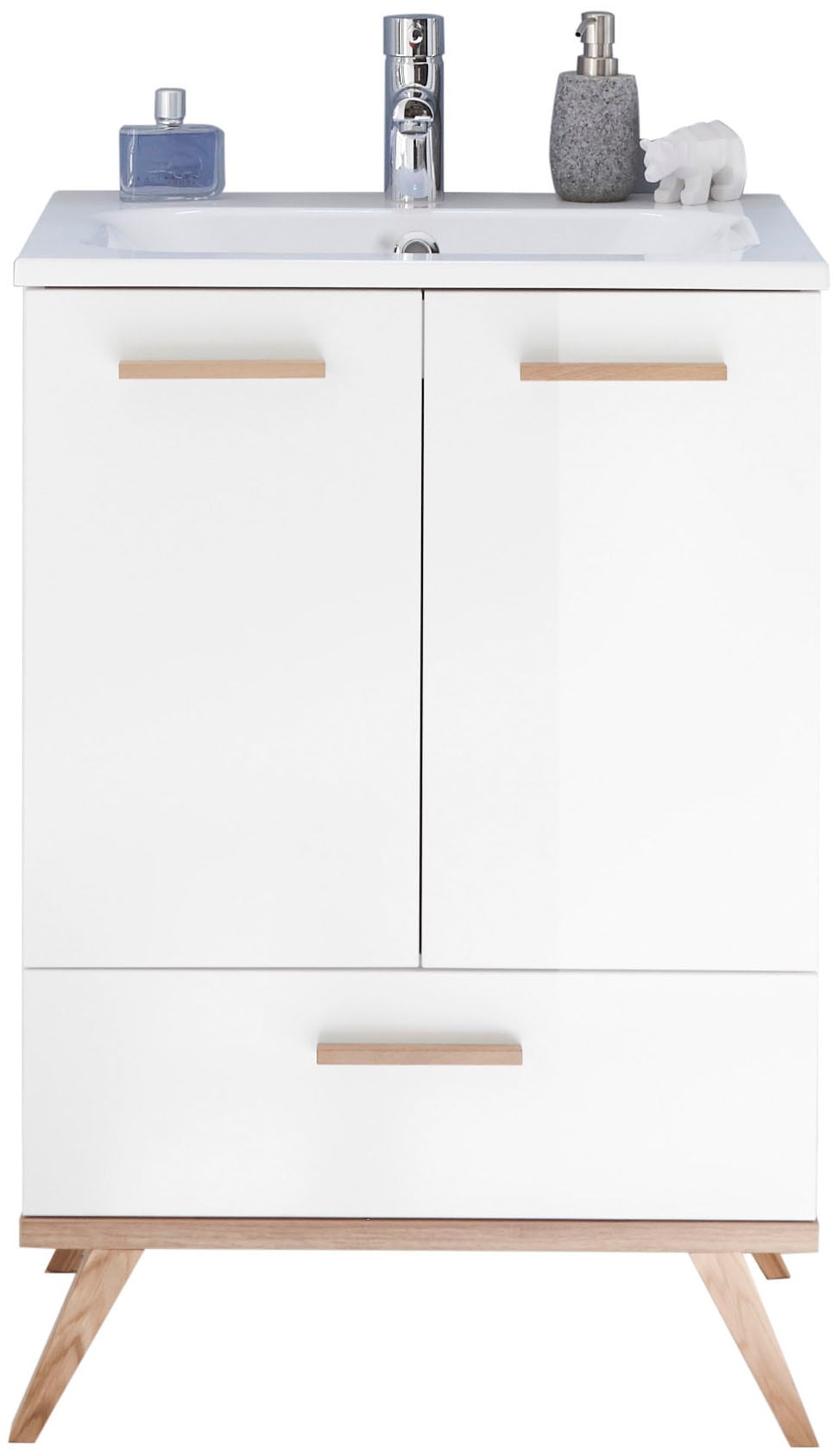 Saphir Badmöbel-Set »Quickset 2-teilig, Mineralmarmor-Waschtisch und LED-Spiegelschrank«, (2 St.), Waschplatz 61 cm breit, 4 Türen, 1 Schublade, 2 Einlegeböden, Bad-Set