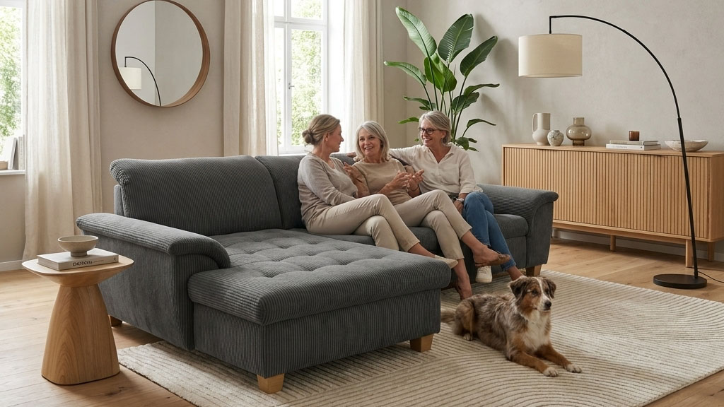 OTTO home "Eggery 279 x 162 cm, auch mit Schlaffunktion & Bettkasten, Holzfüße" L-Form, aus haustierfreundlichem Pet Friendly Cord