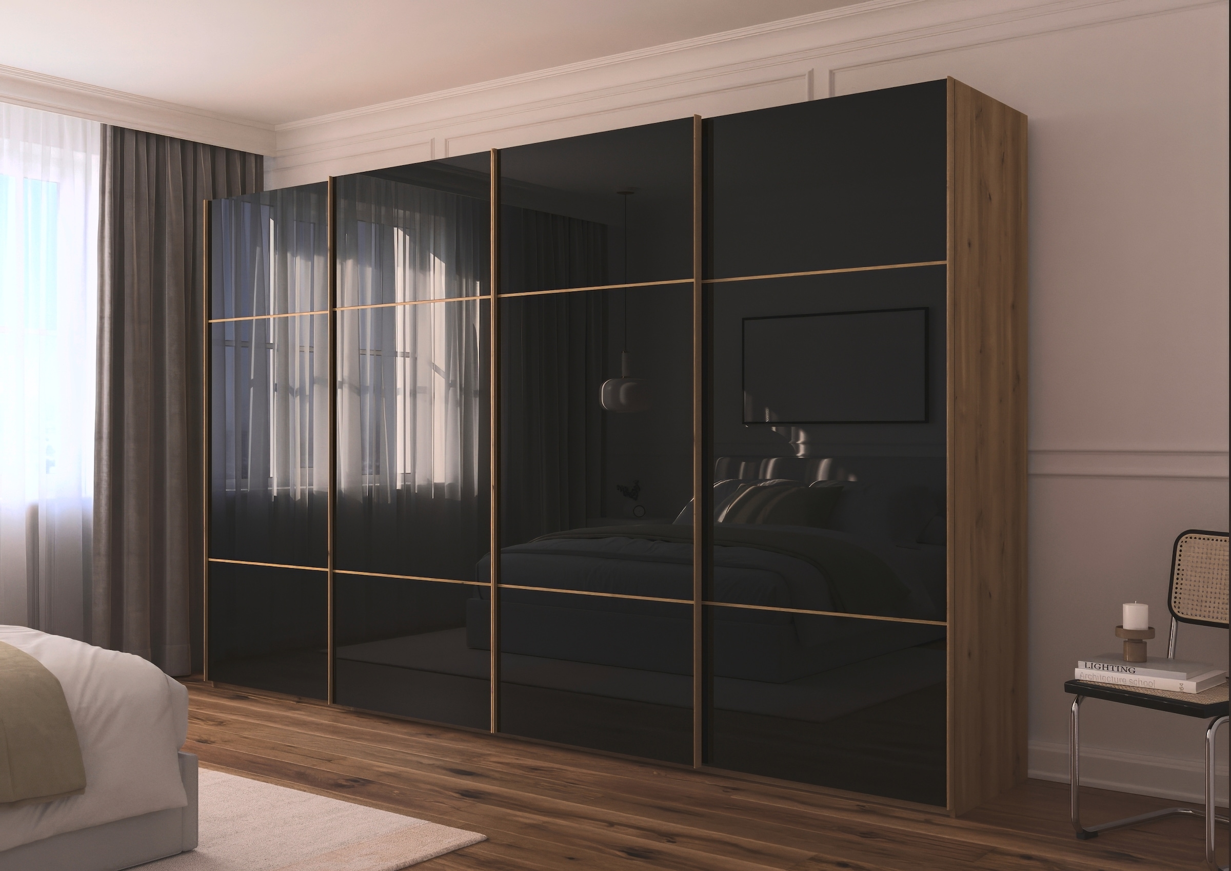 rauch Schwebetürenschrank »Kleiderschrank Schrank Garderobe Schlafzimmerschrank SCALE-TRIO«, edle dreigeteilte Front mit 2 Zierleisten Glasfront MADE IN GERMANY