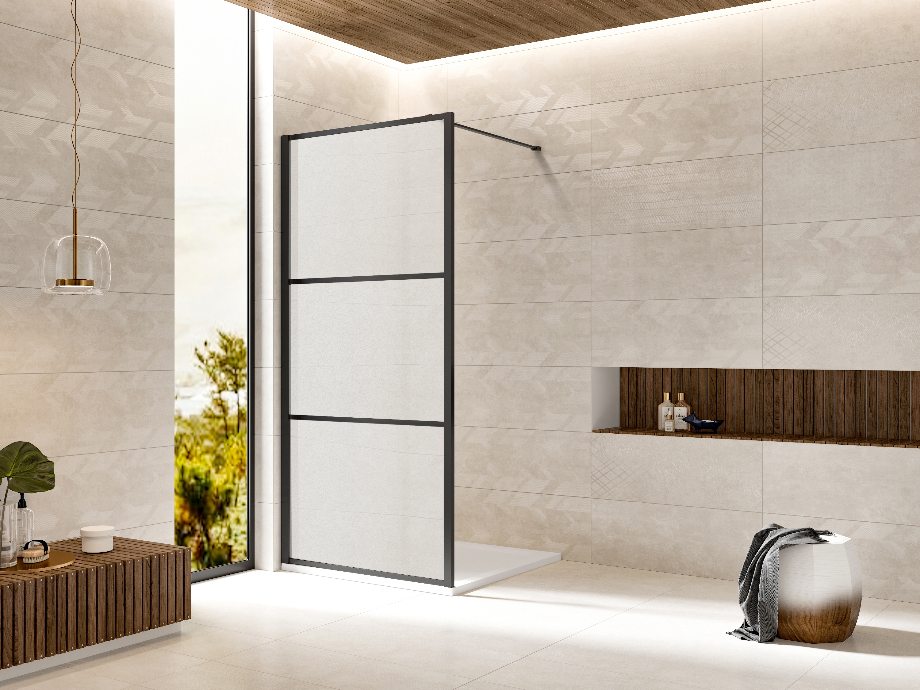 welltime Walk-in-Dusche "Walk In Black Blocks Frosted" Milchglasscheiben