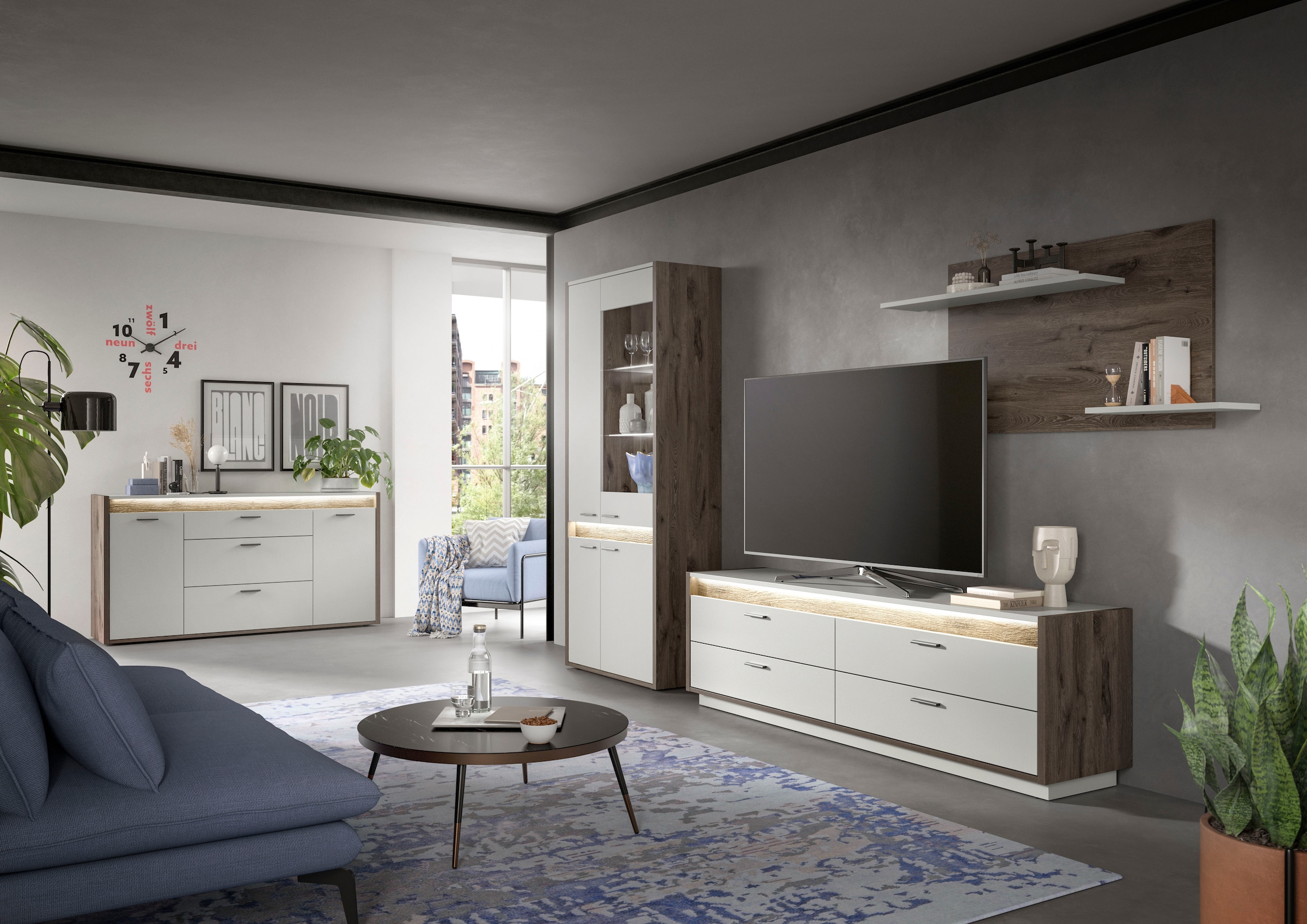 INOSIGN Wohnwand »Treviso, Breite 299 cm, bestehend aus: 1x Vitrine, 1x Lowboard und«, (3 St.), 1x Wandboard, Kombination, Wohnkombination, Mediawand, TV-Wand
