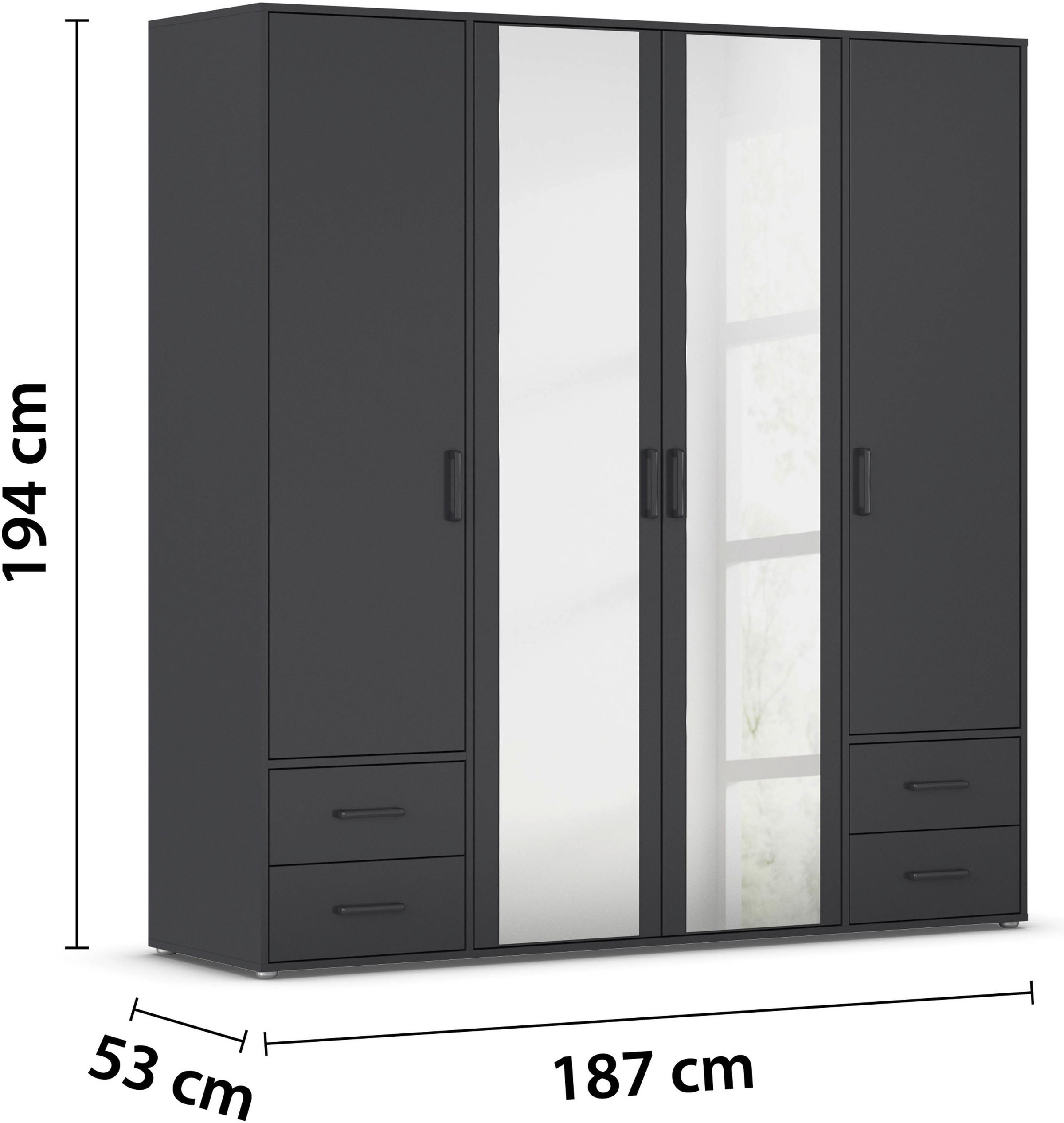 rauch Drehtürenschrank »Kleiderschrank Schrank Garderobe Wäscheschrank VOYAGER«, (in 3 verschiedenen Ausstattungen BASIC/CLASSIC/PREMIUM), mit modernen Griffen in Graumetallic, inkl. Schubkästen und Spiegel