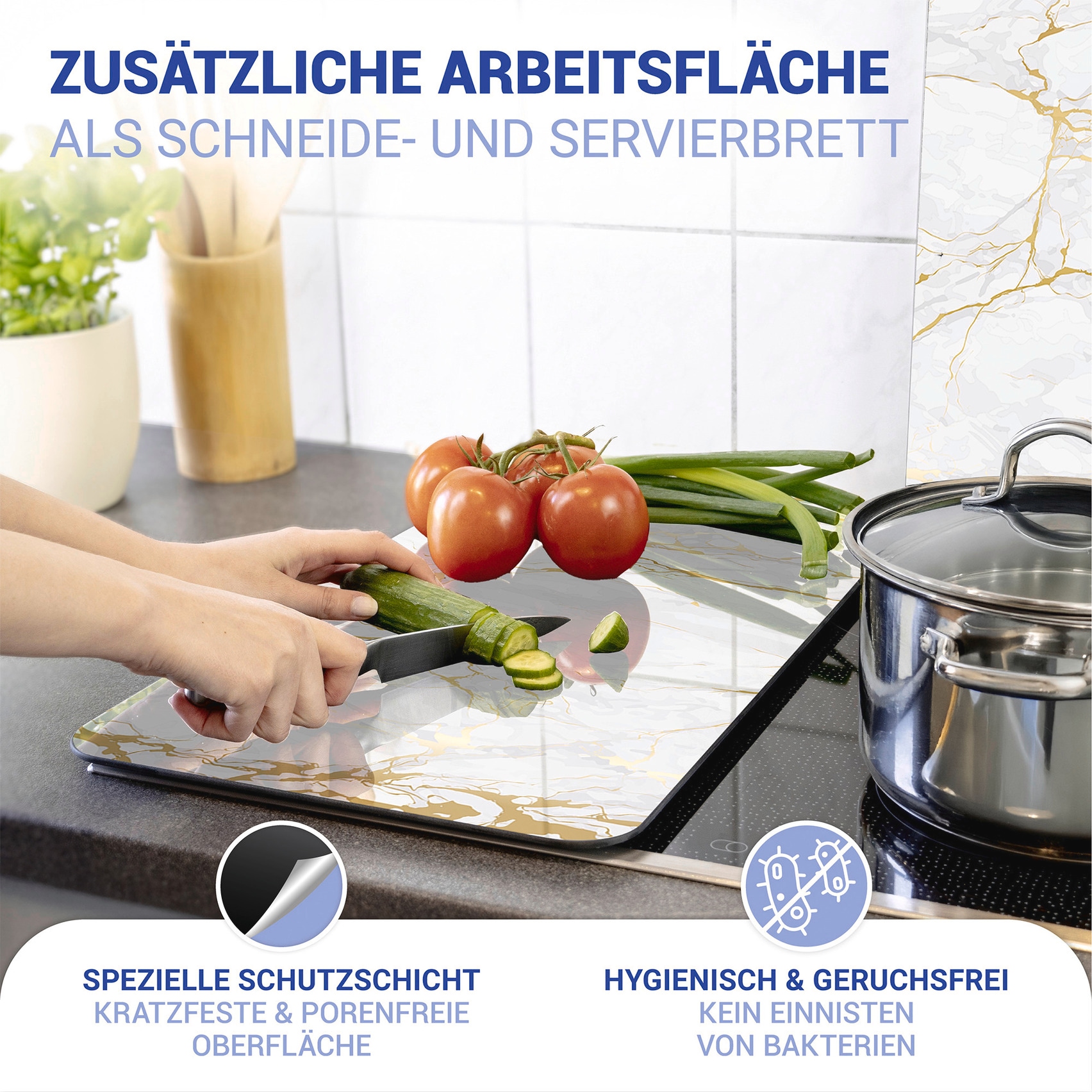 WENKO Herd-Abdeckplatte »Universal Modell Marmor Gold«, (Set, 2 tlg.), Herdabdeckung für alle Herdarten, kratzfest, mit rutschfesten Füßen
