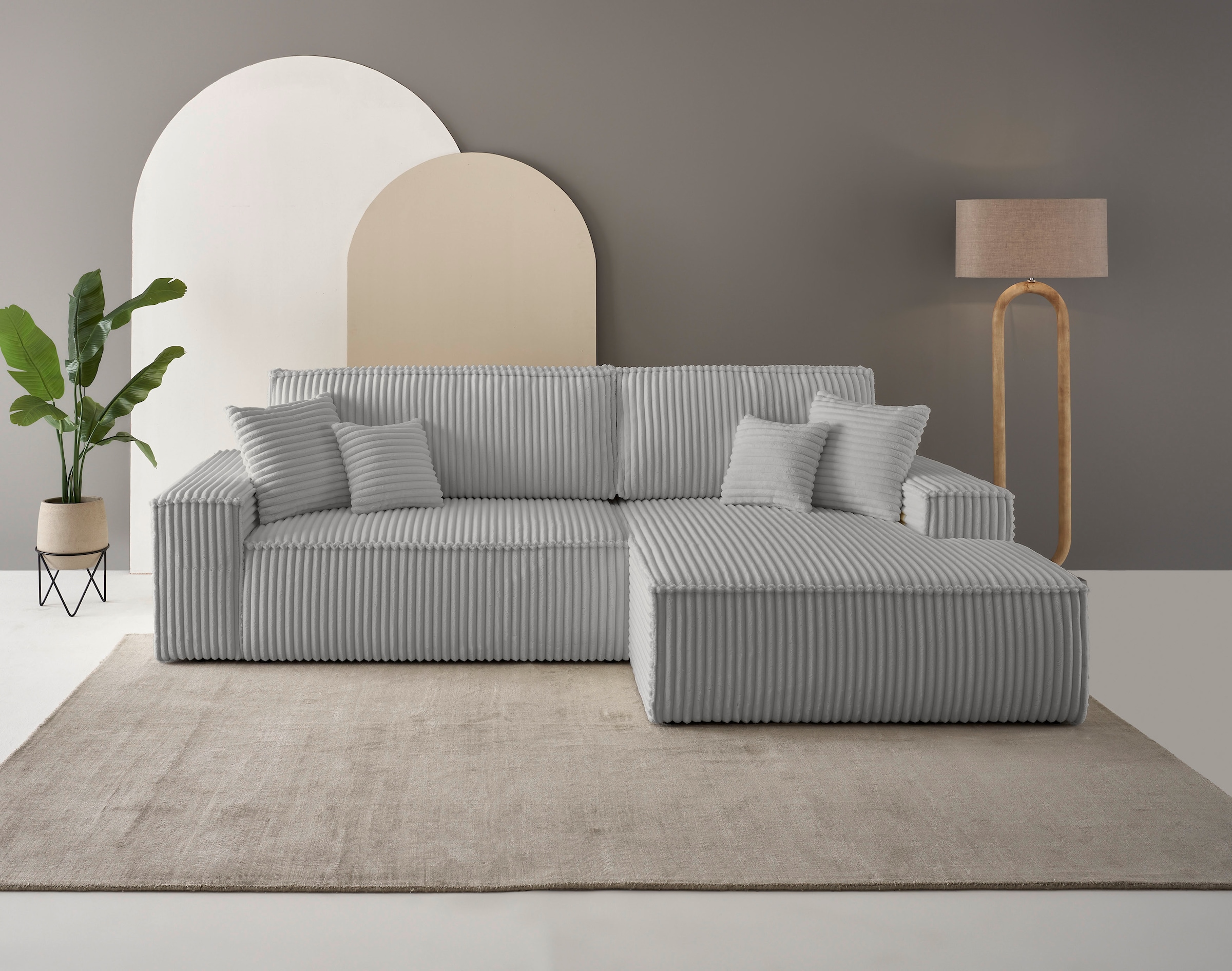 andas Ecksofa »Finnley Schlafsofa 267 cm in Bouclé, Struktur fein u. Cord, L-Form,«, Schlaffunktion m. Bettkasten (136/210 cm), Bouclé, Struktur und Cord