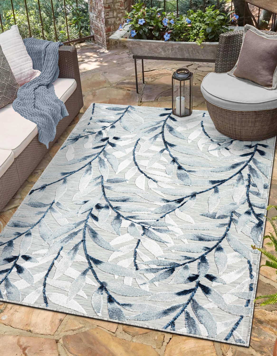 Myflair Möbel & Accessoires Outdoorteppich "Olivia, LAGERRÄUMUNG" rechteckig 8 mm Höhe Blätter Motiv, Hoch-Tief Effekt, Outdoor geeignet, Balkon, Terrasse