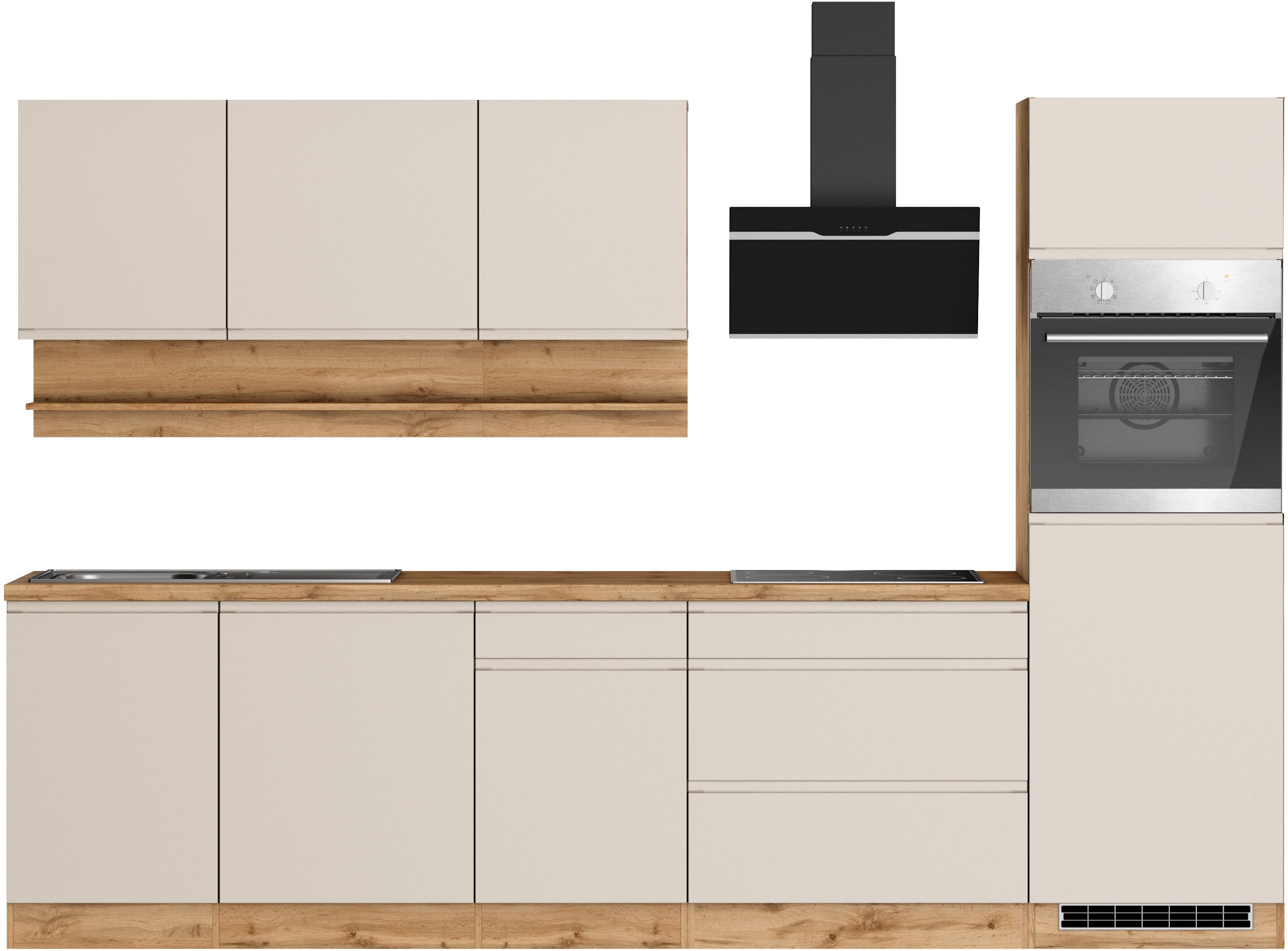 KOCHSTATION Küchenzeile "KS-Virginia,neu in verbesserter Ausführung" Arbeitsplatte 38 mm stark, Stauraum, Softclose, Breite 300 cm, Soft-Close, wahlweise mit E-Geräten