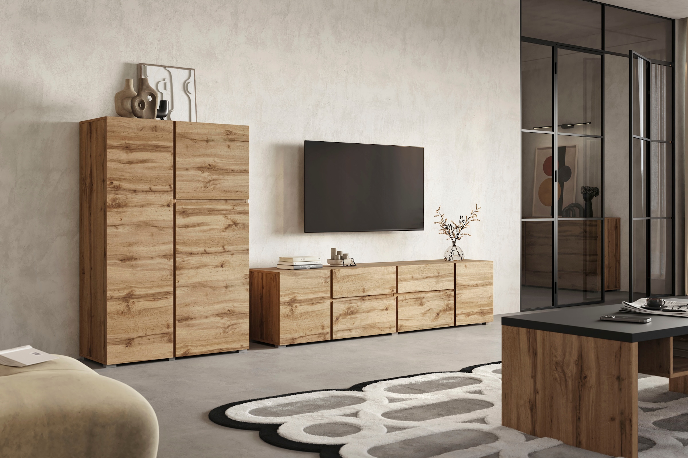 INOSIGN Lowboard »Asymetric, Breite 195 cm, grifflos, 2Klappen/2Schubkästen/2Tür«, TV-Schrank mit viel Stauraum, TV-Board