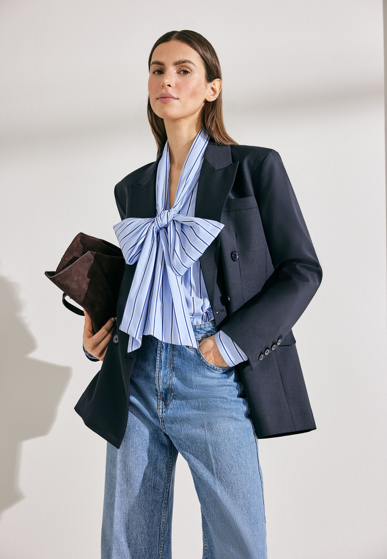 Schluppenbluse SEIDENSTICKER, Damen, Gr. XXL (44), hellblau, 73% Baumwolle, 23% Polyamid, 4% Elasthan, gestreift, regular fit, Blusen Schluppenbluse, 1/1 Binderkragen Gestreift 2