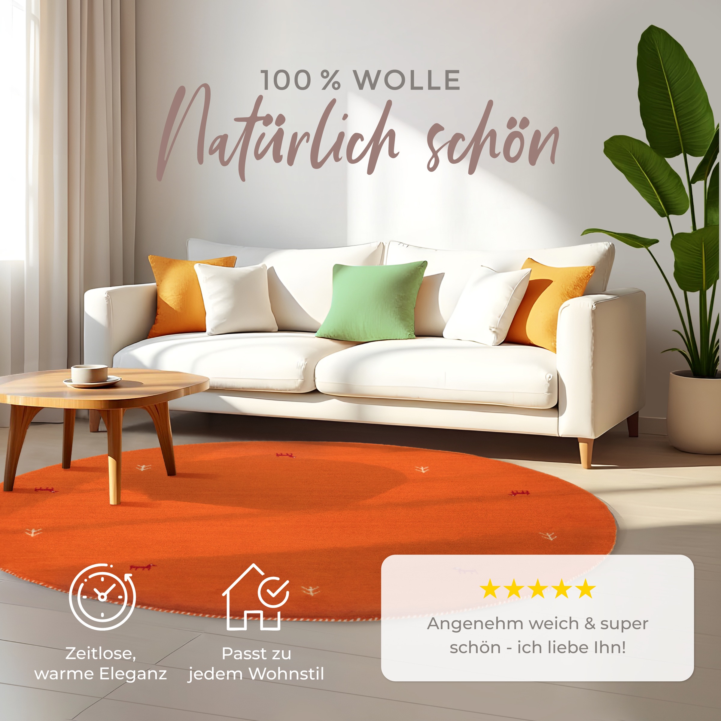 Thumbnail - carpetfine Wollteppich "Gabbeh Uni" rund 15 mm Höhe reine Wolle handgewebt, Gabbeh Tiermotiv warmes Raumklima viele Größ...