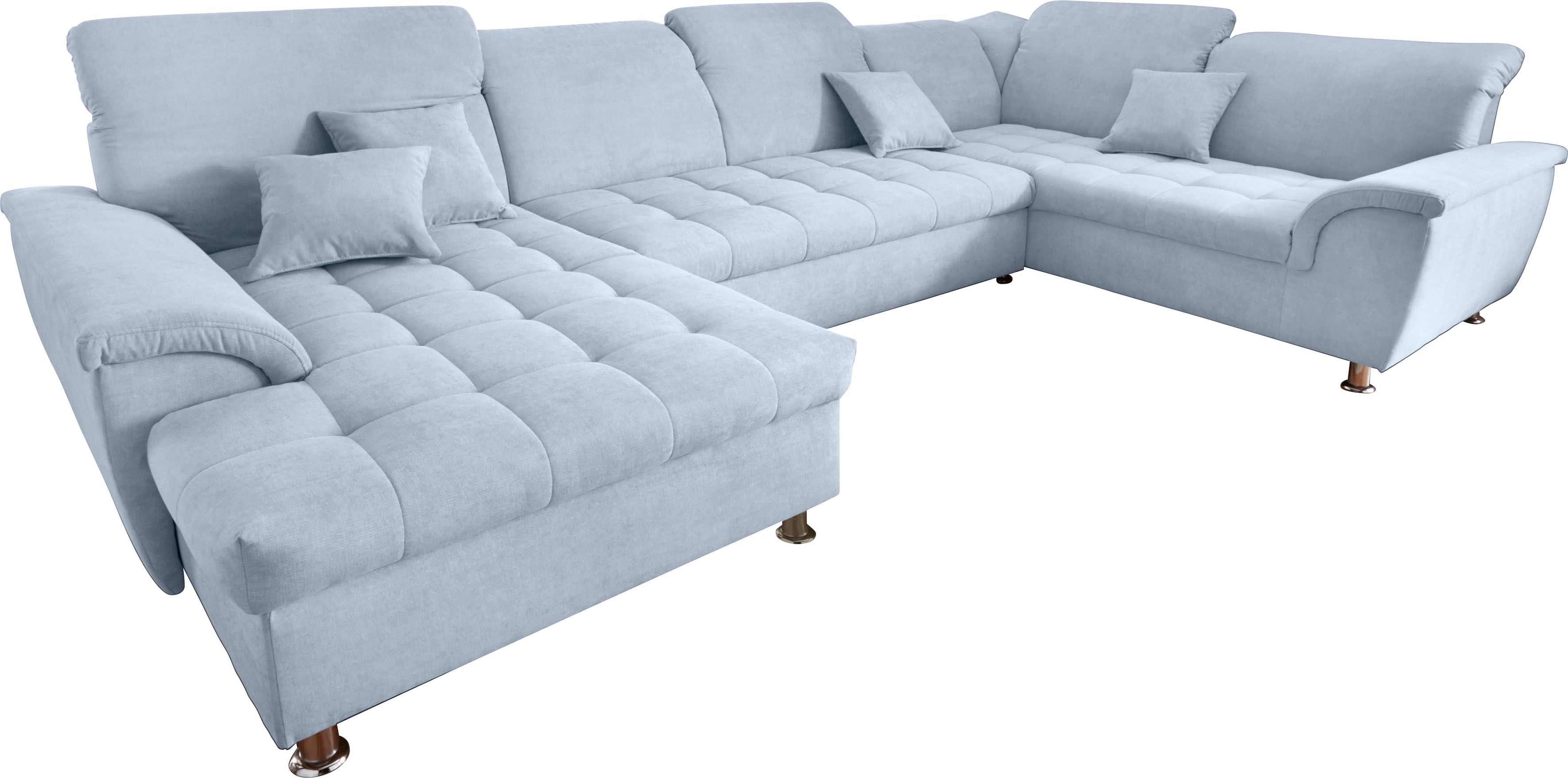 DOMO collection Wohnlandschaft "FRANZI optional mit Bettfunktion, Bettkasten & Kopfteilverstellung" U-Form, Recamiere links, pastelblau, B/T: 352/214 cm