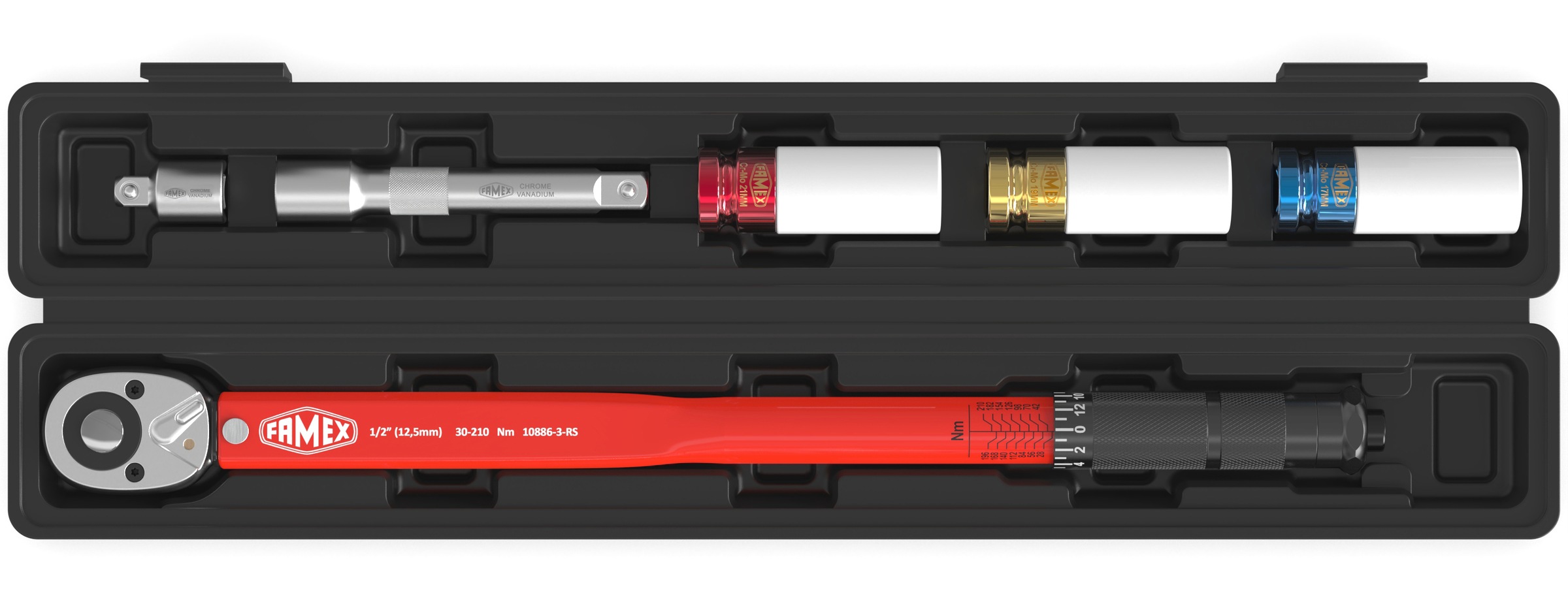 FAMEX Drehmomentschlüssel »10886-3-RS-KS«, (Set, 6 St.), 1/2 Zoll, 30-210 Nm, auf ±3% kalibriert, Schoneinsätze 17/19/21 mm