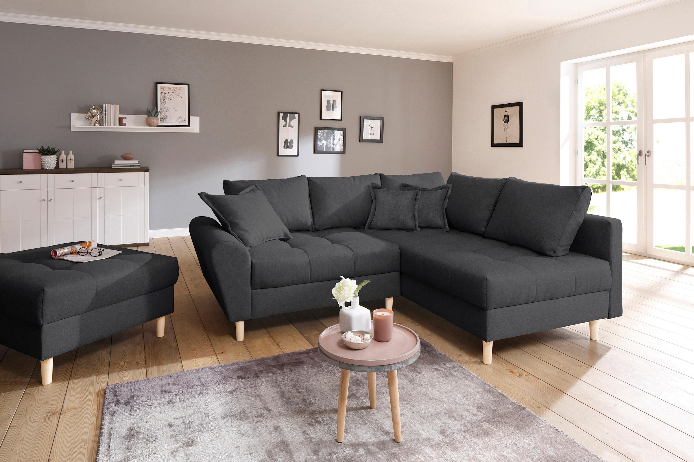 Home affaire Ecksofa "Rice L-Form, B: 223 cm" Set: Sofa & Hocker, mit 3 Zie günstig online kaufen