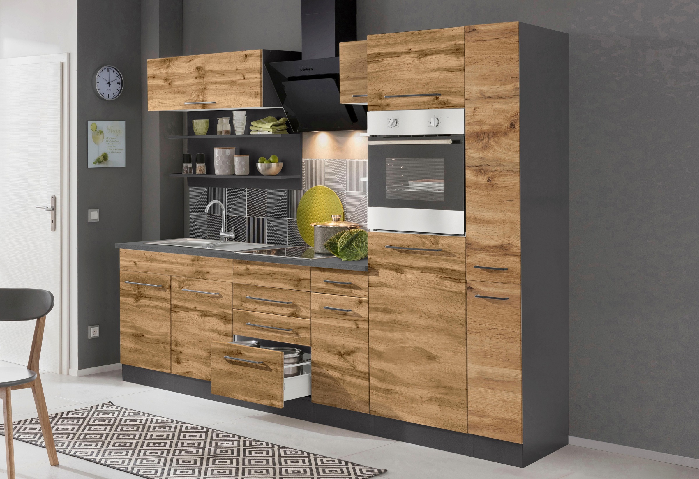 KOCHSTATION Küchenzeile »KS-Tulsa«, mit E-Geräten, Breite 270 cm, schwarze Metallgriffe, MDF Fronten