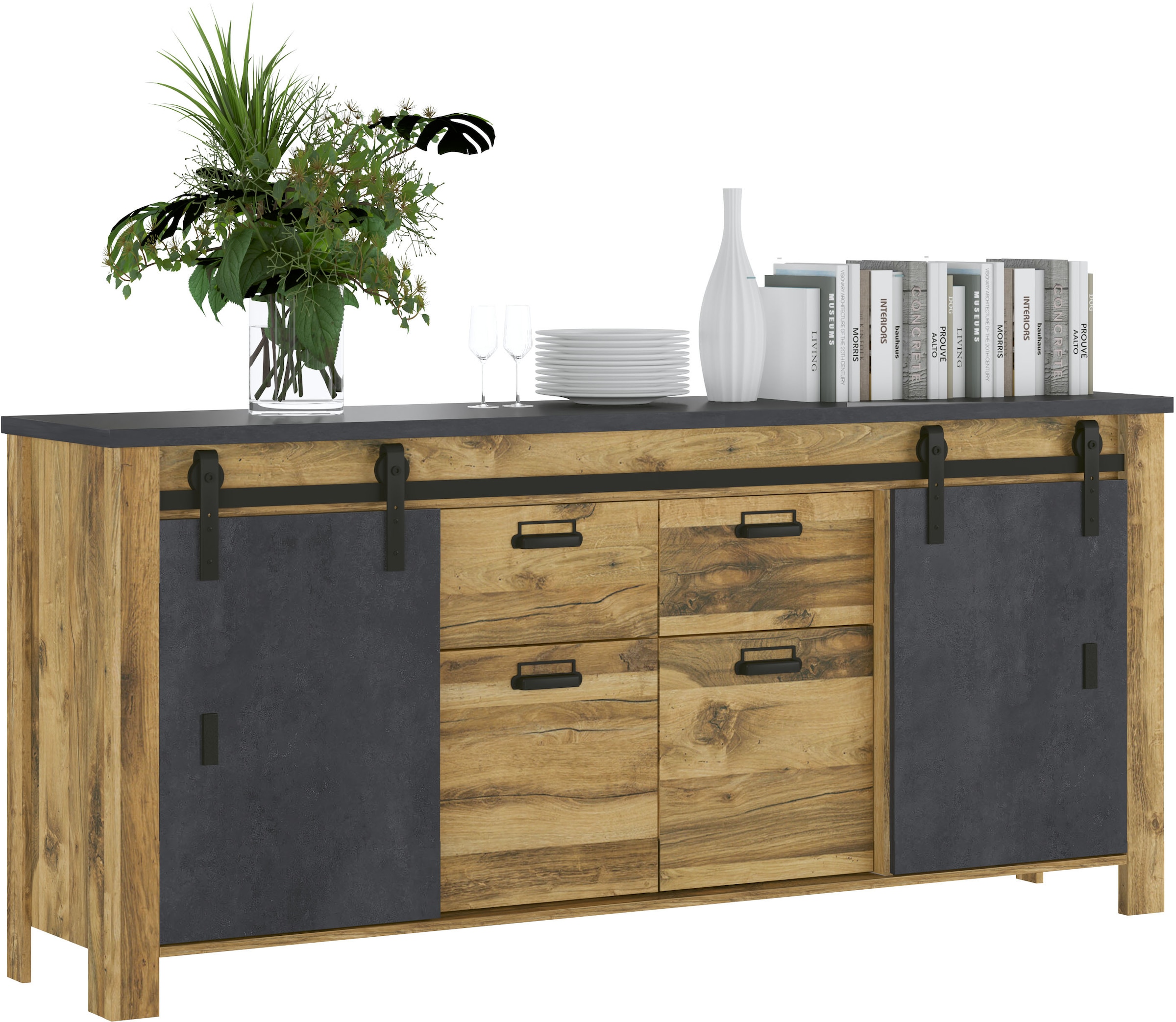 Home affaire Sideboard »York, moderner Schrank, Kommode in Hunton Oak Dekor, Industrialdesign«, mit Scheunentorbeschlägen & Apothekergriffen aus Metall, 201 cm breit