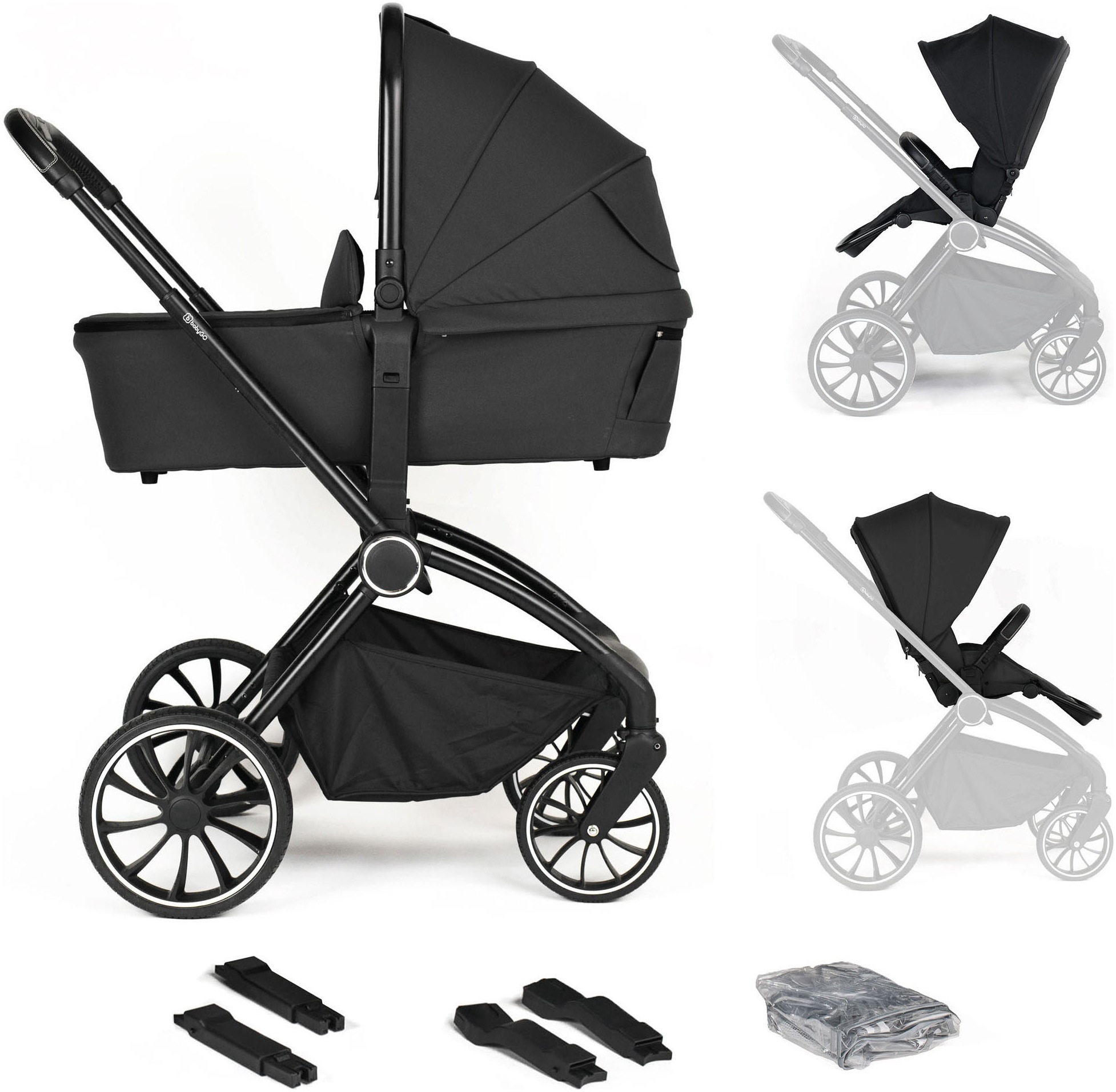 Kombi-Kinderwagen BABYGO "Harmony 3in1", Kinder, balck, Aluminium, Polyester, Kinderwagen, inkl. Babyschale mit Adaptern