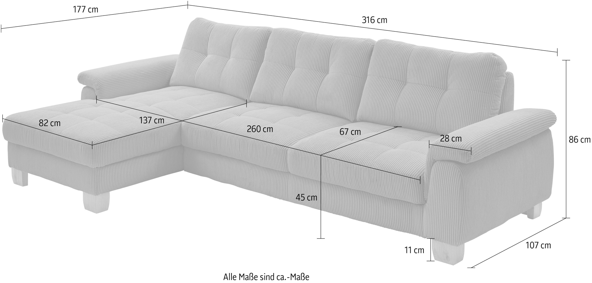 Die PlanBar Ecksofa »PP-LA19101« wahlweise mit Bettfunktion und verstellbaren Kopfstützen, in Cord