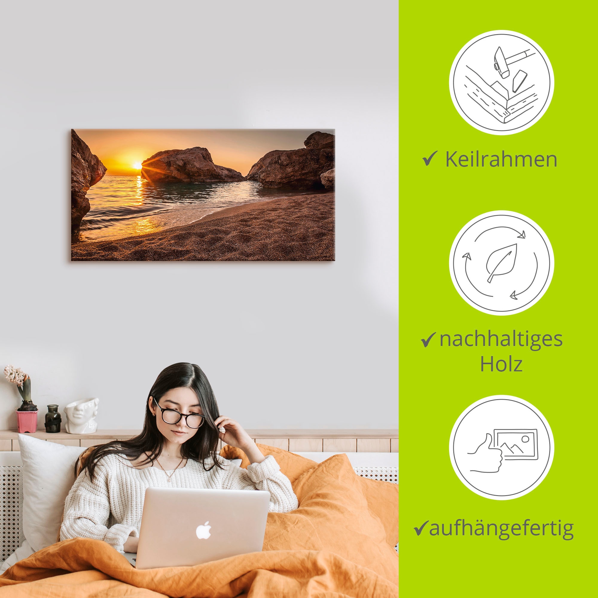 Artland Wandbild »Sonnenuntergang und Strand«, Strand, (1 St.), als Alubild, Outdoorbild, Leinwandbild, Poster, Wandaufkleber