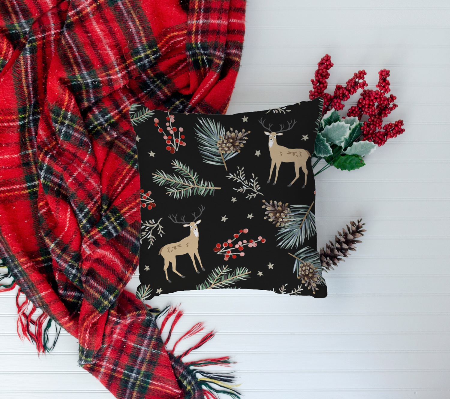 queence Dekokissen »Rudolf«, Kissenhülle,Rentier,Weihnachten,Schwarz,Winterlich,Weihnachtsmotiv