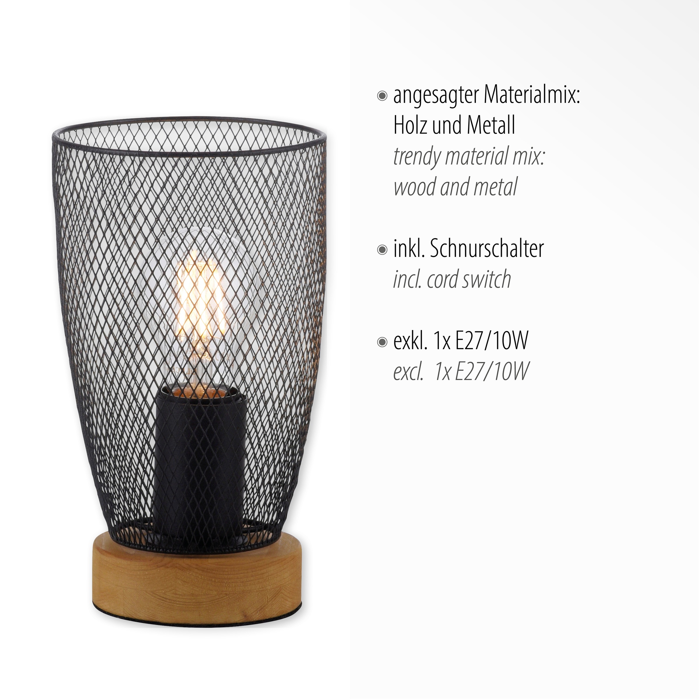 JUST LIGHT Tischleuchte »TAMIS«, 1 flammig, Leuchtmittel E27 | ohne Leuchtmittel, ExklusiveE27, Schalter, Schnurschalter