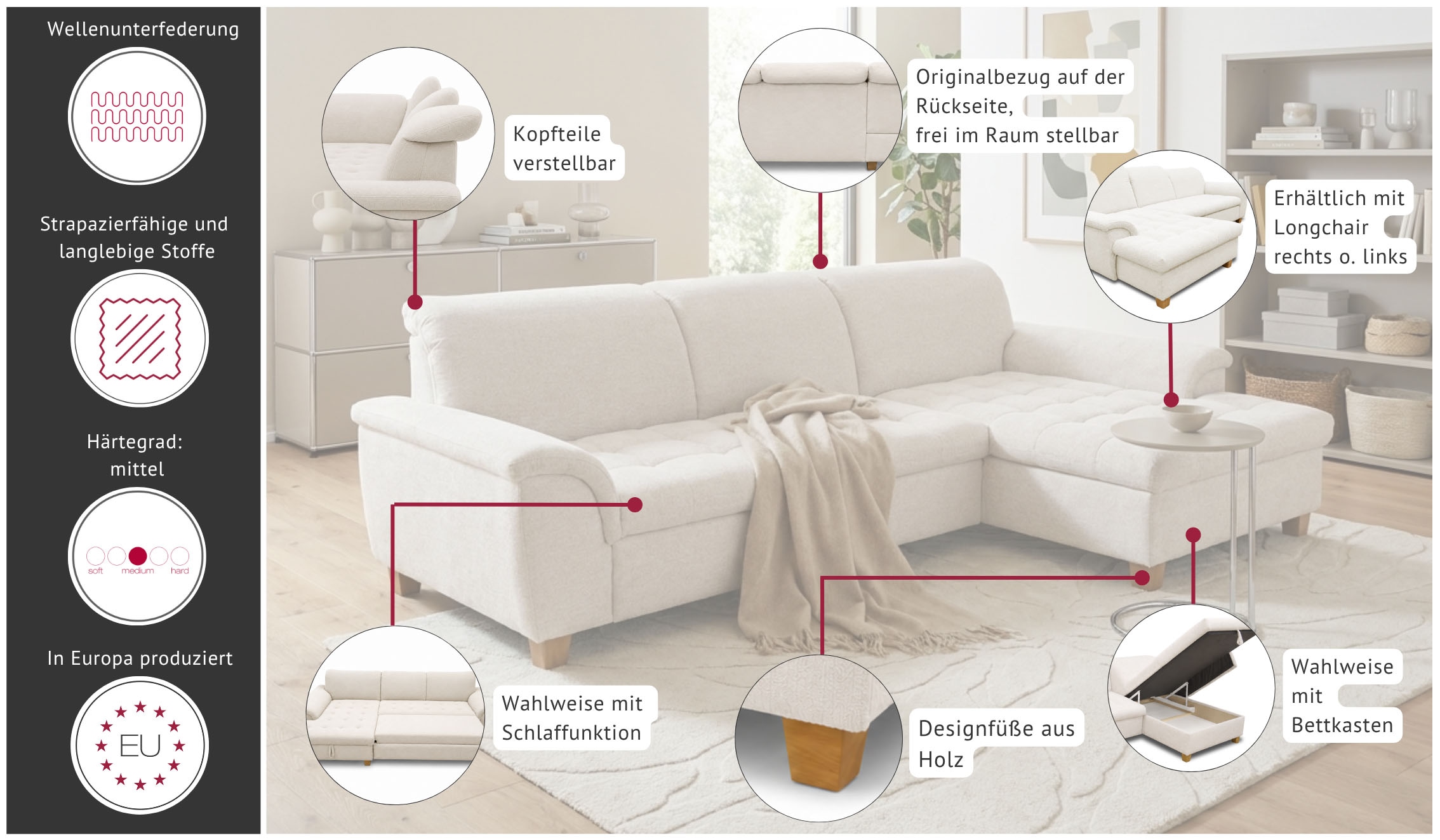 OTTO home »Eggery 279 x 170 cm, auch mit Schlaffunktion & Bettkasten, Holzfüße« Kopfteile verstellbar, L-Form, aus pflegeleichtem Luxus-Microfaser