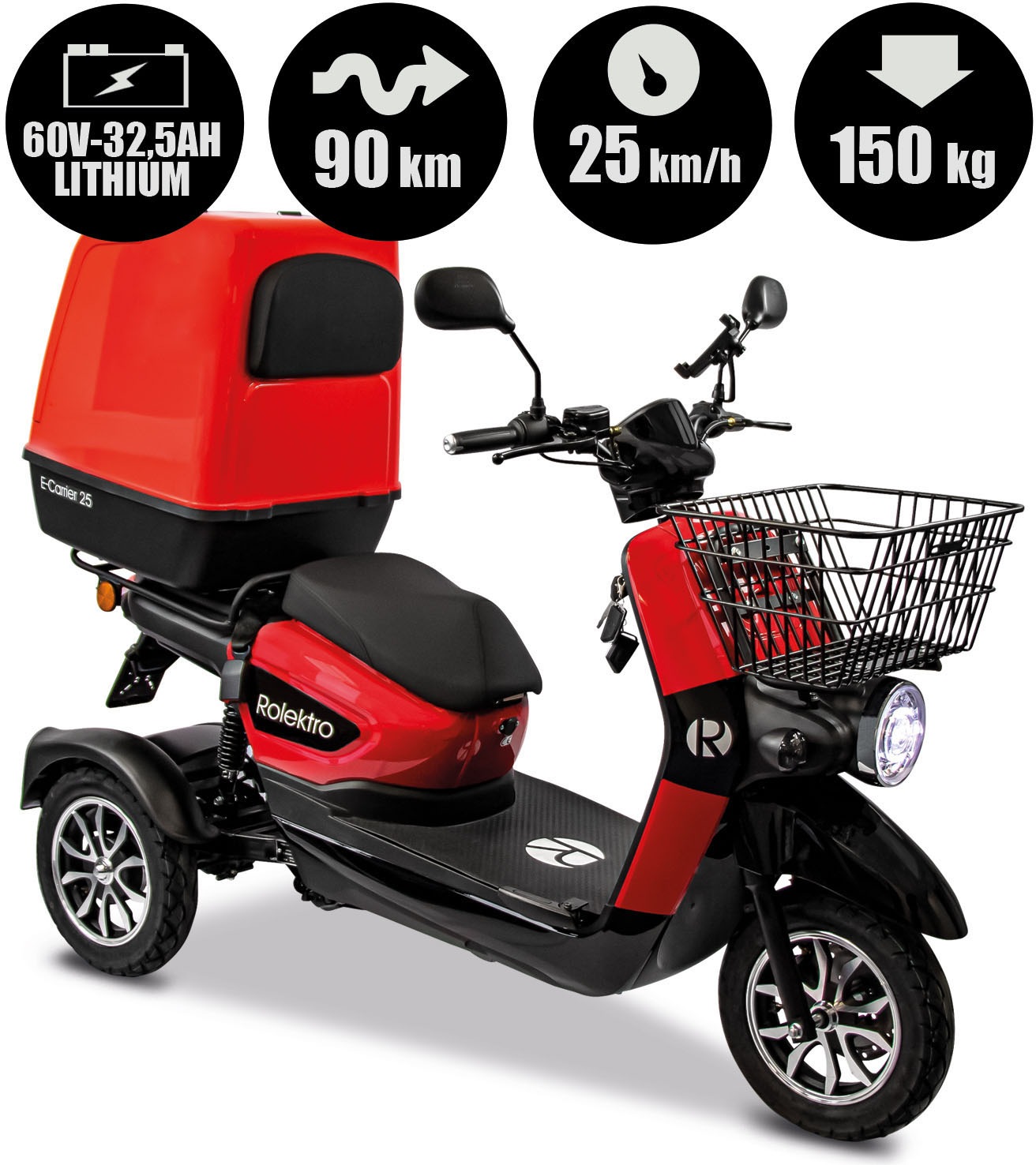 Thumbnail - Rolektro Elektromobil "Rolektro E-Carrier 25 V.3 Lithium mit XXL-Koffer" 1.000 W 25 km/h mit Topcase