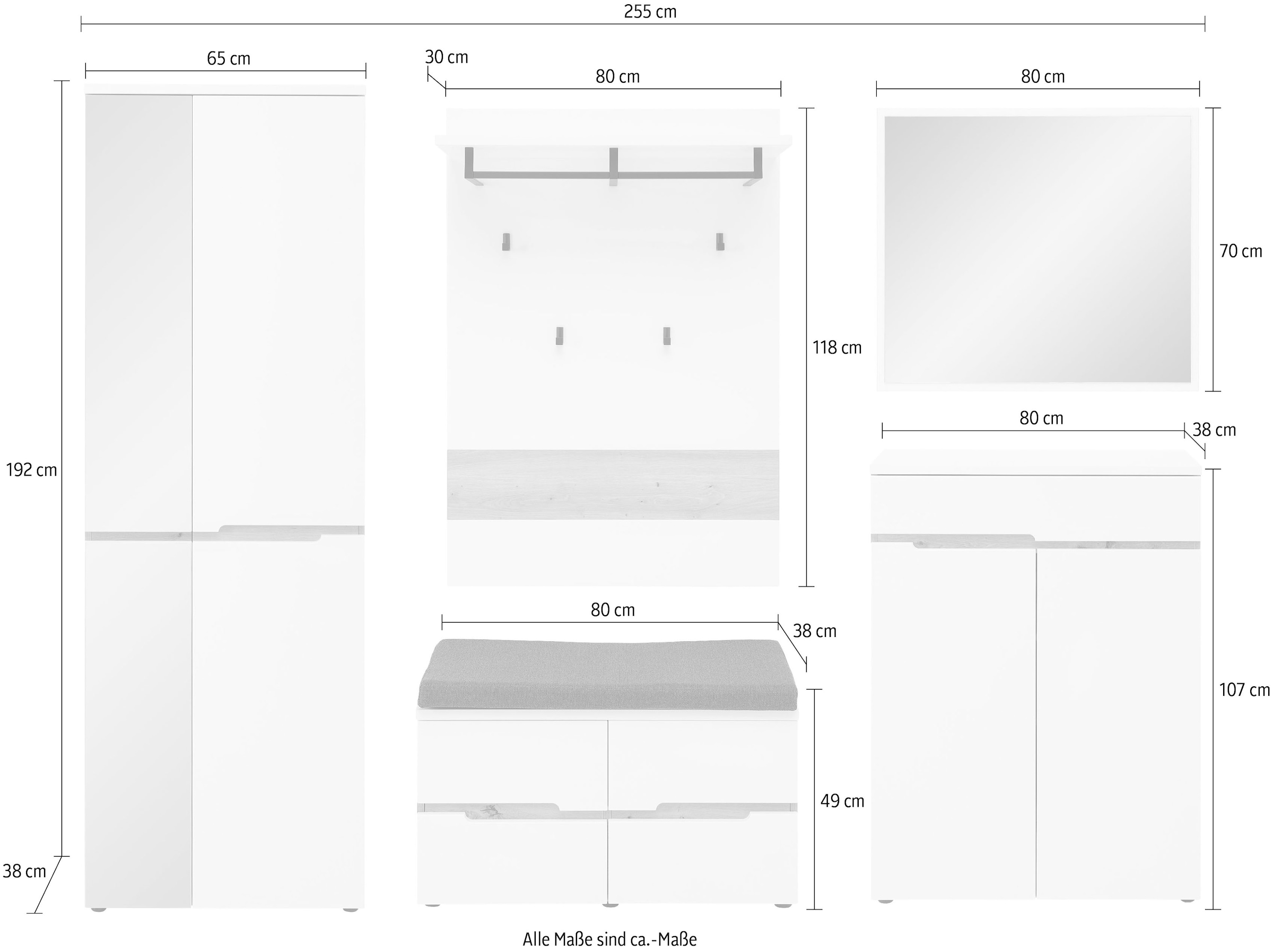 Innostyle Garderoben-Set »Memphis Garderoben Set, 255x192x38cm (B/H/T)«, (5 St.)