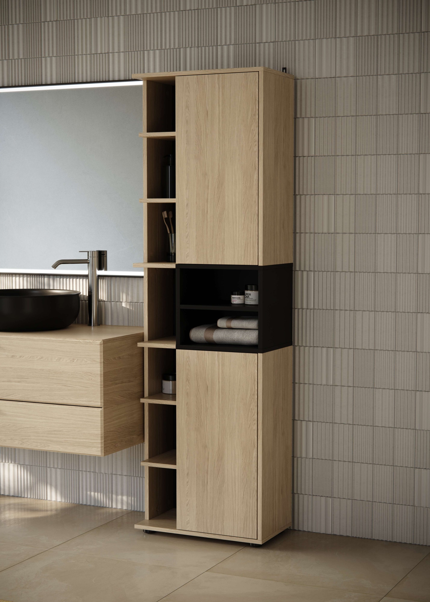 TemaHome Hochschrank »Kube Badschrank, Aufbewahrung, Platzsparend, Höhe 182 cm«, mit offenen Fächern und 2 Türen