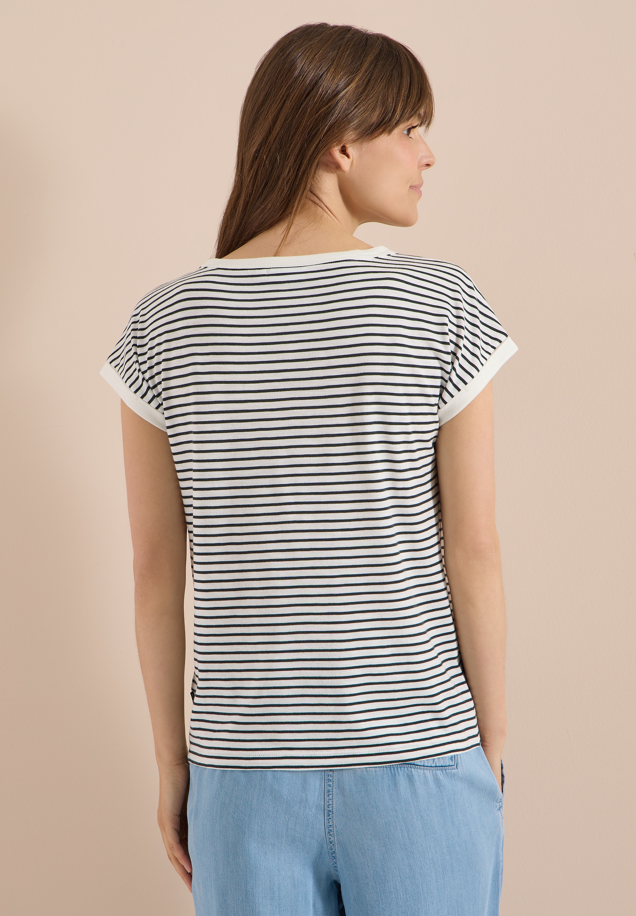 Cecil T-Shirt lässiger Streifenlook, Rundhals, softer Materialmix