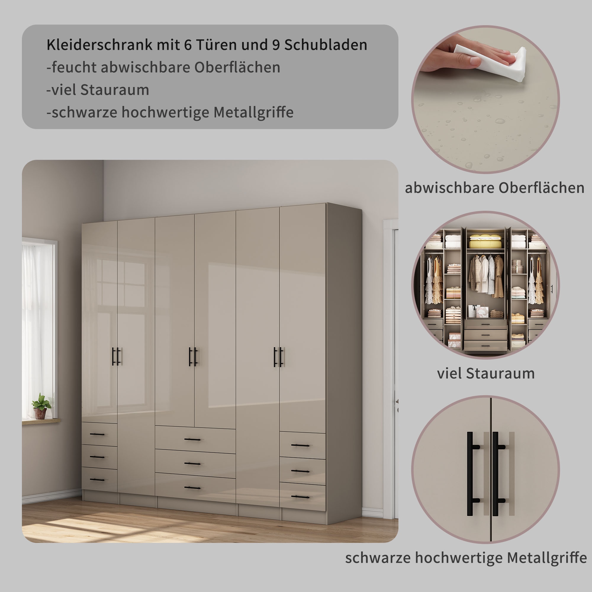 OTTO home Kleiderschrank »Trento Schlafzimmerschrank Garderobe hochglanz« in 2 unterschiedlichen Schrankhöhen wählbar,  Schrank mit 6 Türen und 9 Schubladen, Hochglanz-Fronten, 2,39m Höhe