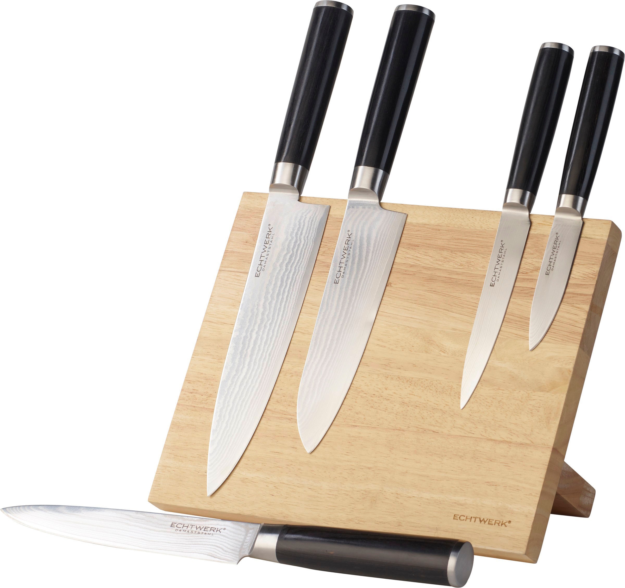 ECHTWERK Magnet-Messerblock 6 incl. Damaszener Messer-Set, ergonomischer Holzgriff aus Pakka-Holz