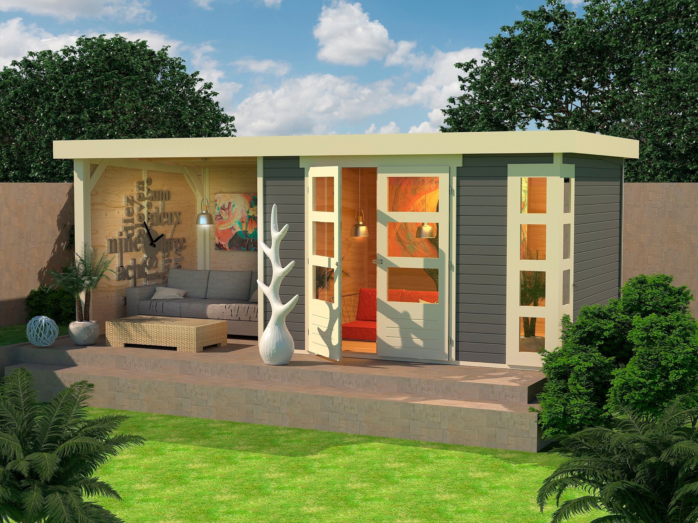 Karibu Gartenhaus »Kerko 5«, mit Anbaudach, Seiten- und Rückwand kaufen